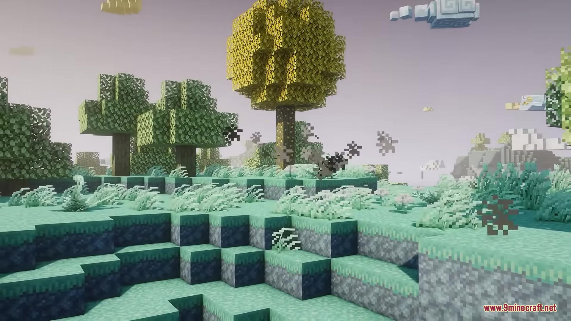 Rojak Resource Pack (26.1.2, 1.20.1) – Vibrant Vanilla Tweaks With Rich Mod 9 Floating islands with golden trees and unique grass textures in the aether