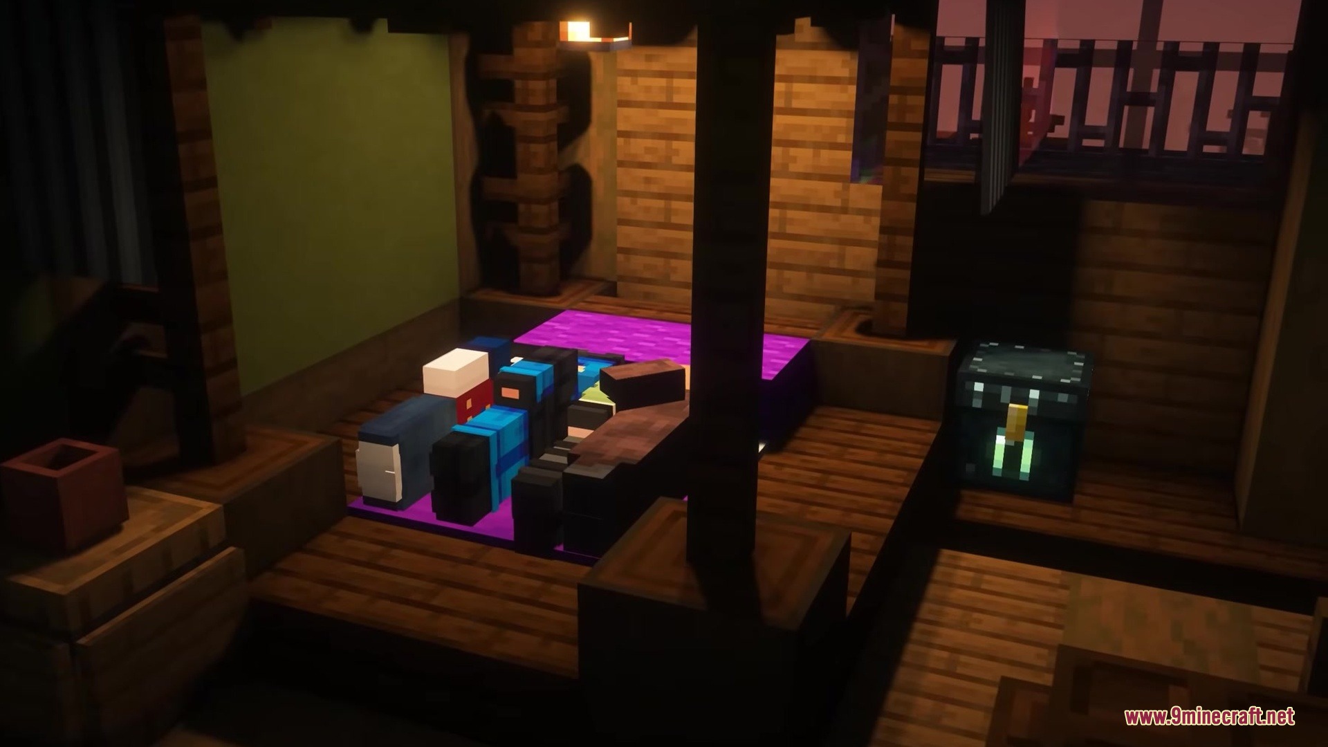 Room For Two Mod (26.2, 1.20.1) – Share A Single Bed With Friends 4 Two minecraft characters sharing a single bed inside a cozy wooden room