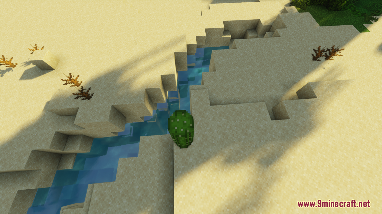 Round Cacti Resource Pack (26.1.2, 1.20.1) – Lifelike 3D Cacti For Natural 2 A rounded cactus stands next to a small water stream in the desert