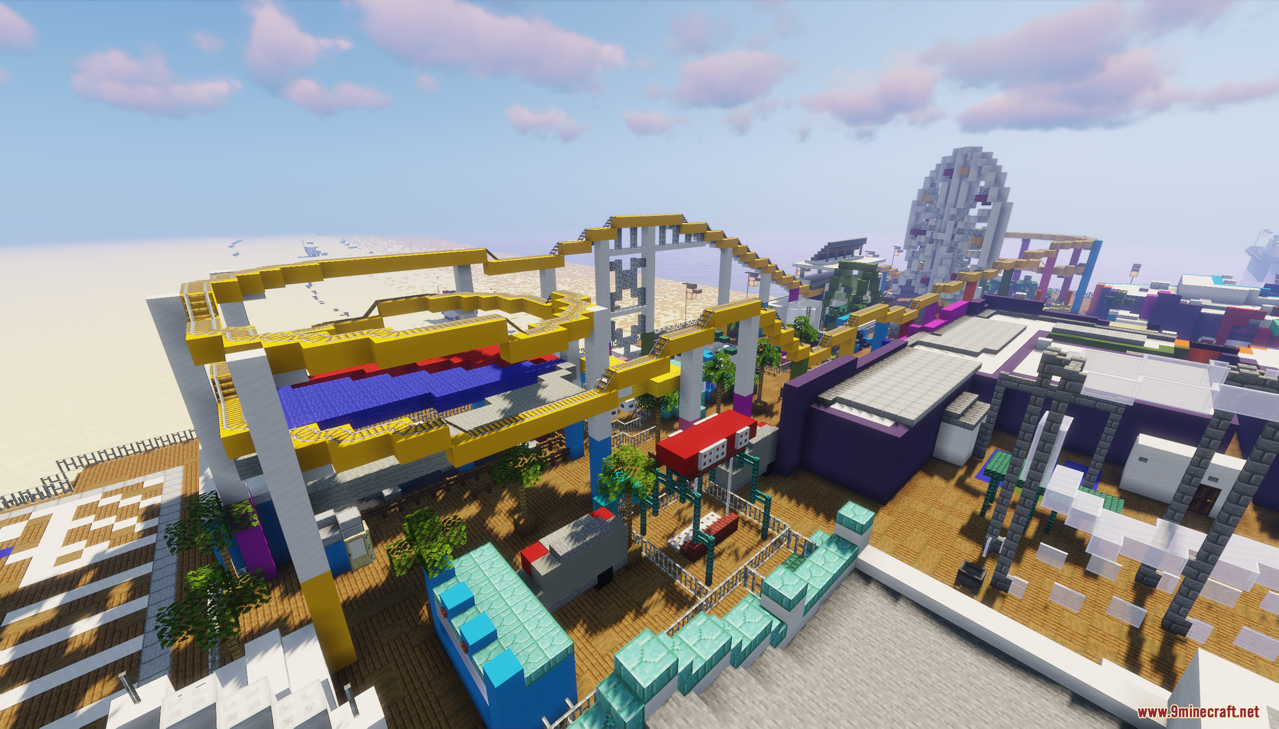 Santa Monica Pier Map (26.1.2, 1.20.1) – A Relaxing Stroll Down The Iconic Boardwalk 8 Minecraft recreation of the santa monica pier with a yellow roller coaster