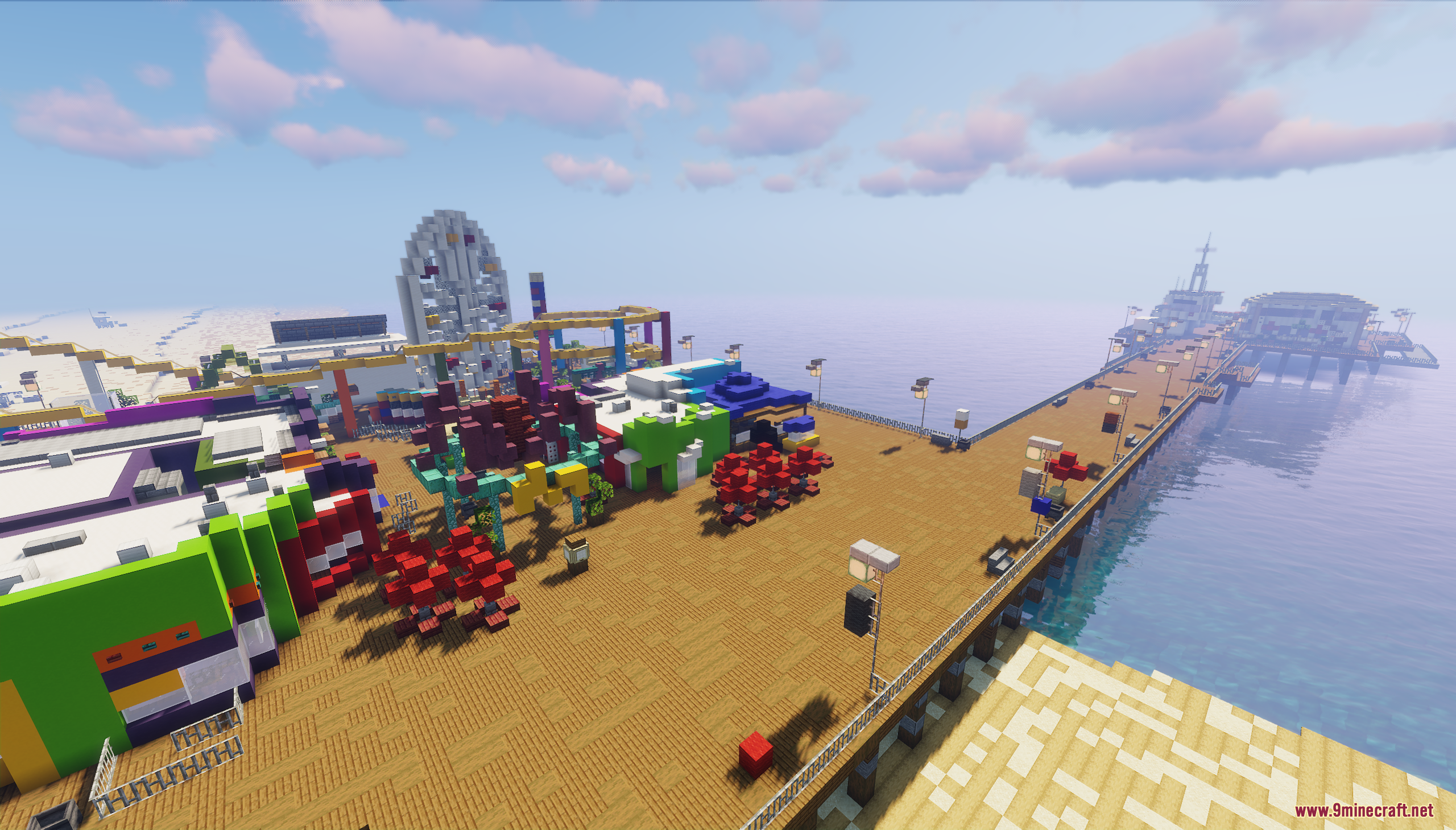 Santa Monica Pier Map (26.1.2, 1.20.1) – A Relaxing Stroll Down The Iconic Boardwalk 9 A long wooden pier extending into the ocean in a minecraft world