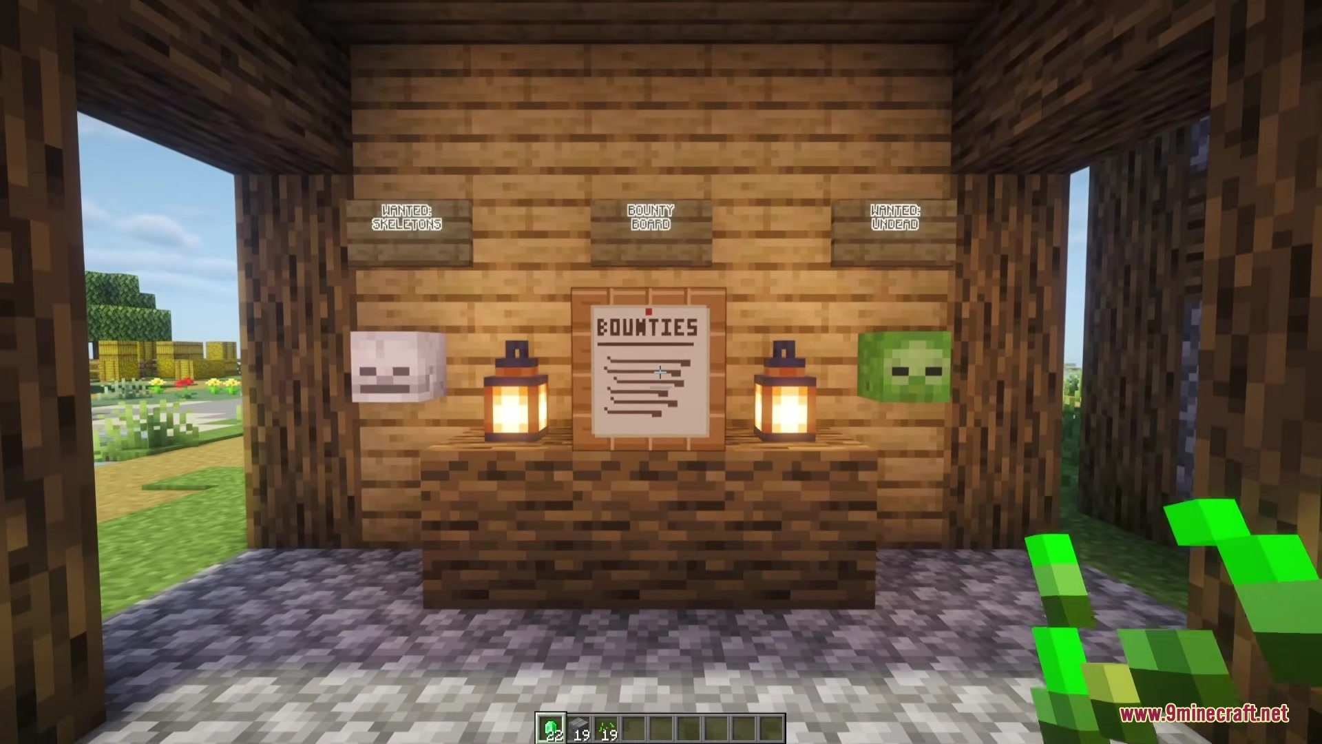 Sky Archipelago Mod (1.21.1) – Generate Custom Floating Island Survival Worlds 2 Bounty board displaying mob heads and lanterns in a wooden building