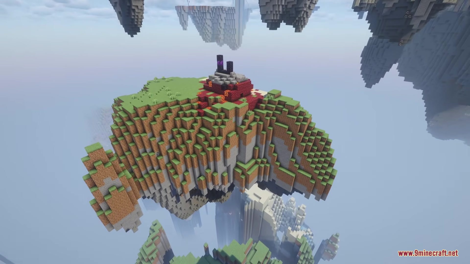 Sky Archipelago Mod (1.21.1) – Generate Custom Floating Island Survival Worlds 3 Floating islands with a red structure from the sky archipelago mod