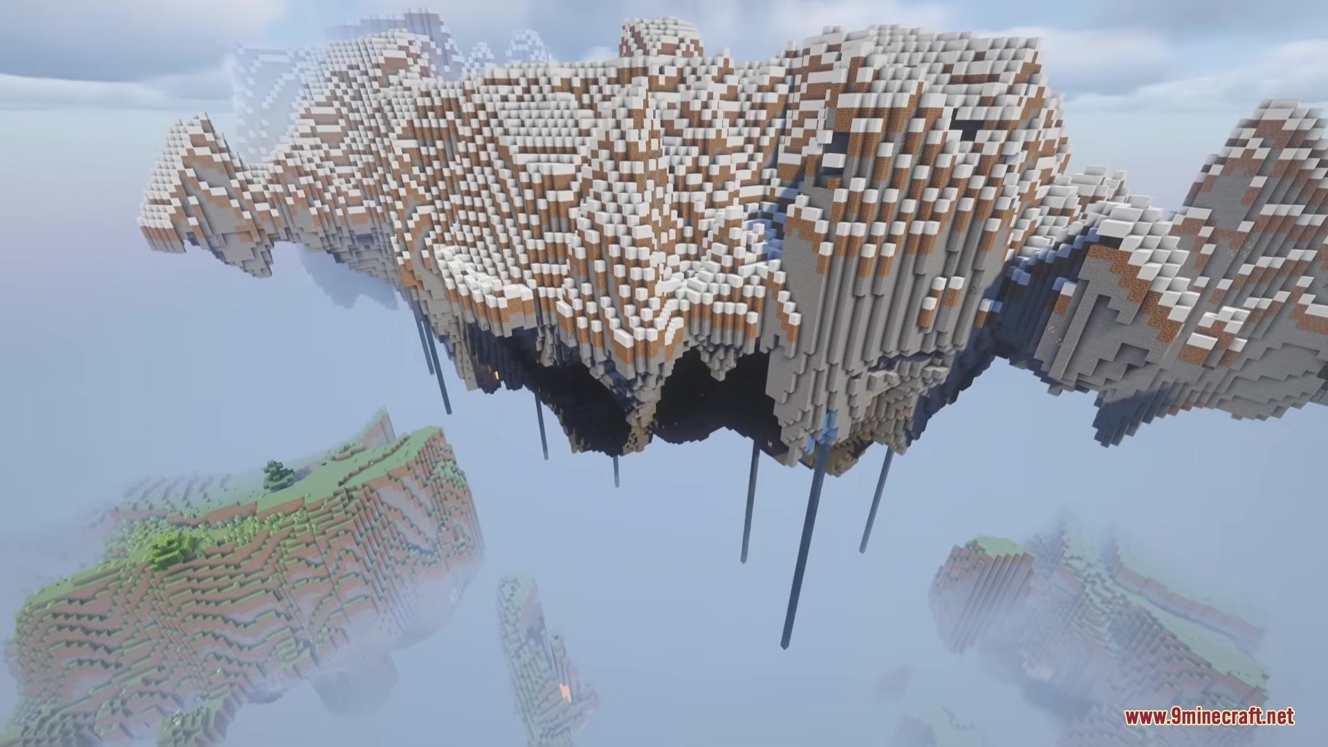 Sky Archipelago Mod (1.21.1) – Generate Custom Floating Island Survival Worlds 7 Snowy floating islands suspended high above a thick layer of clouds
