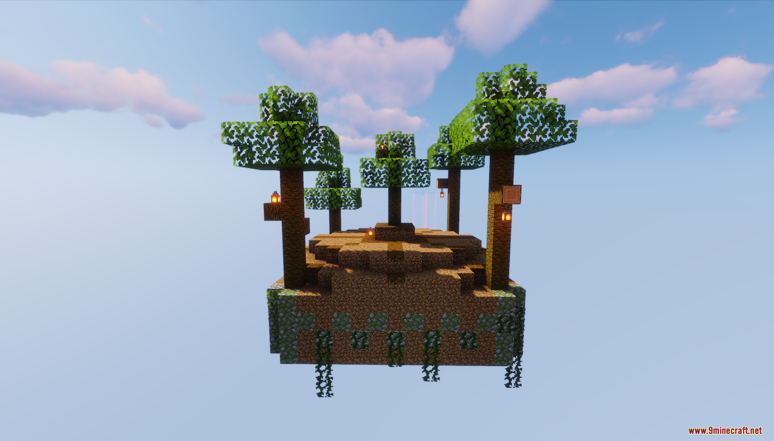 Skyland Origins Map (26.2, 1.20.1) – Classic Skyblock With A Twist 7 A lush floating island with oak trees and lanterns in the sky