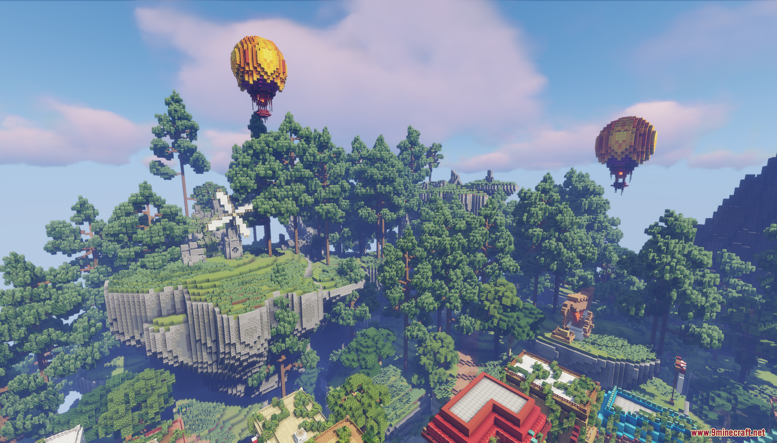 Floating island with a windmill and hot air balloons over a lush forest