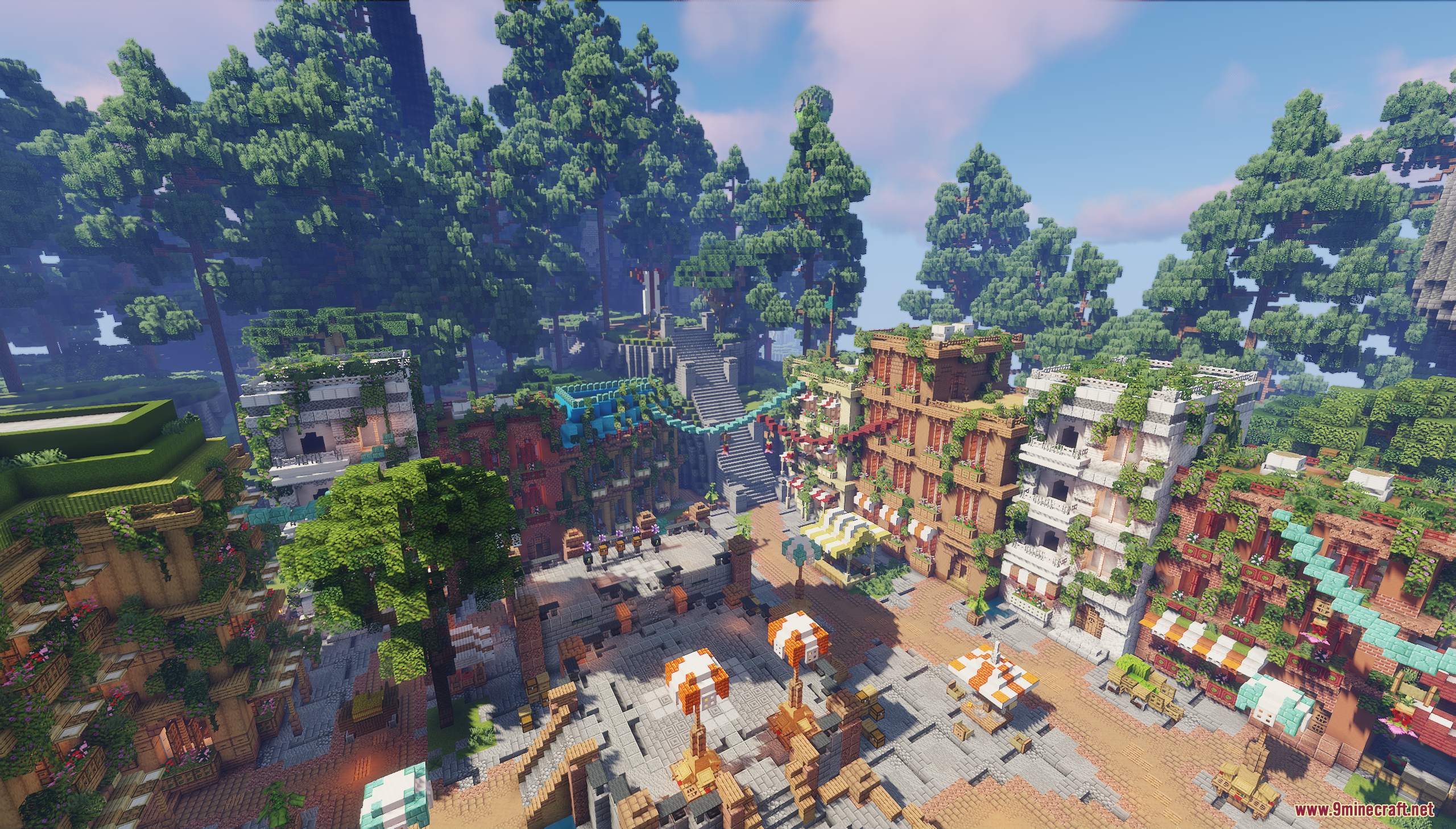 Bustling town square with overgrown buildings and colorful market stalls in a forest