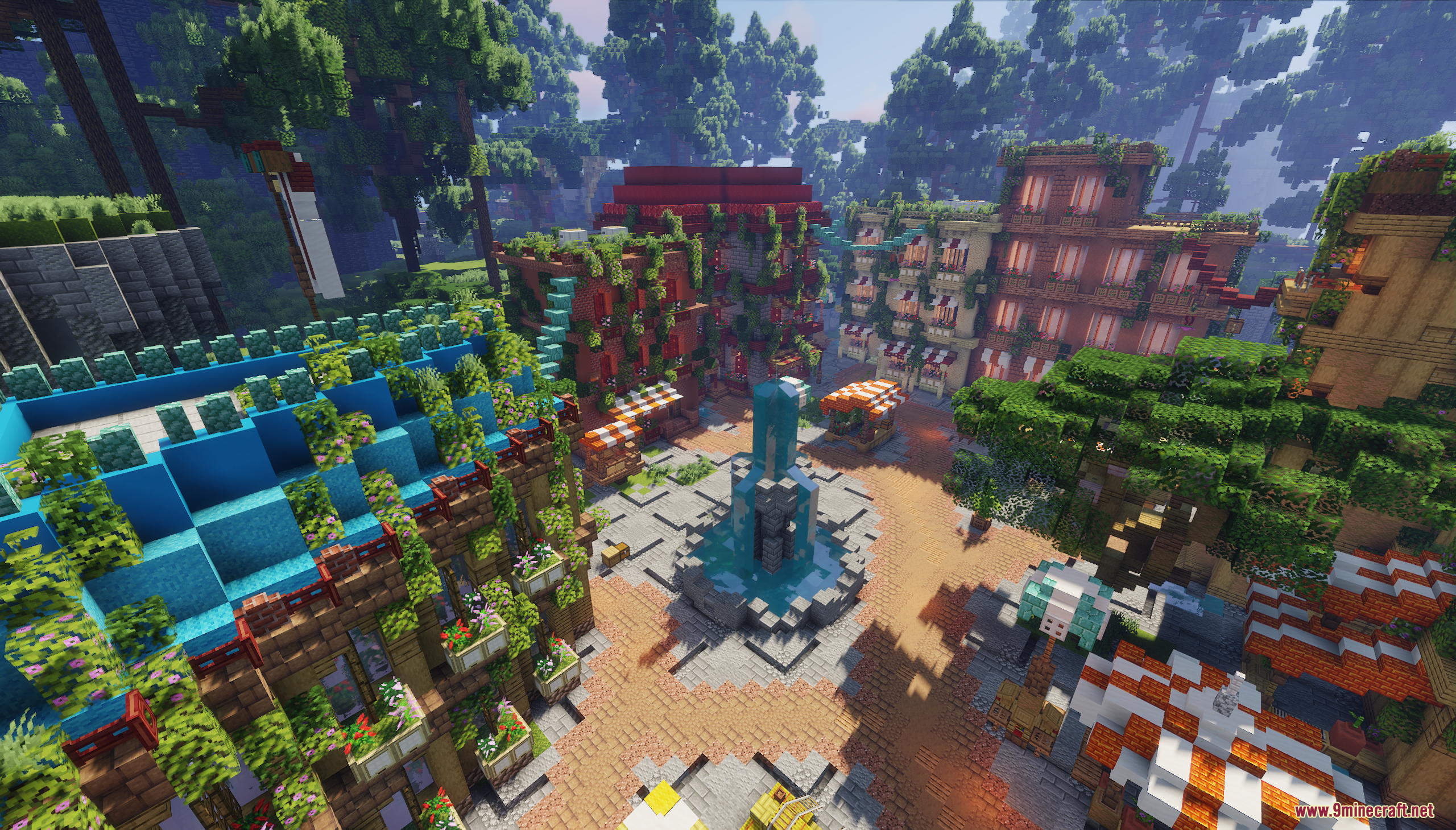 Overview of the skyroot spawn map with a central fountain and colorful buildings