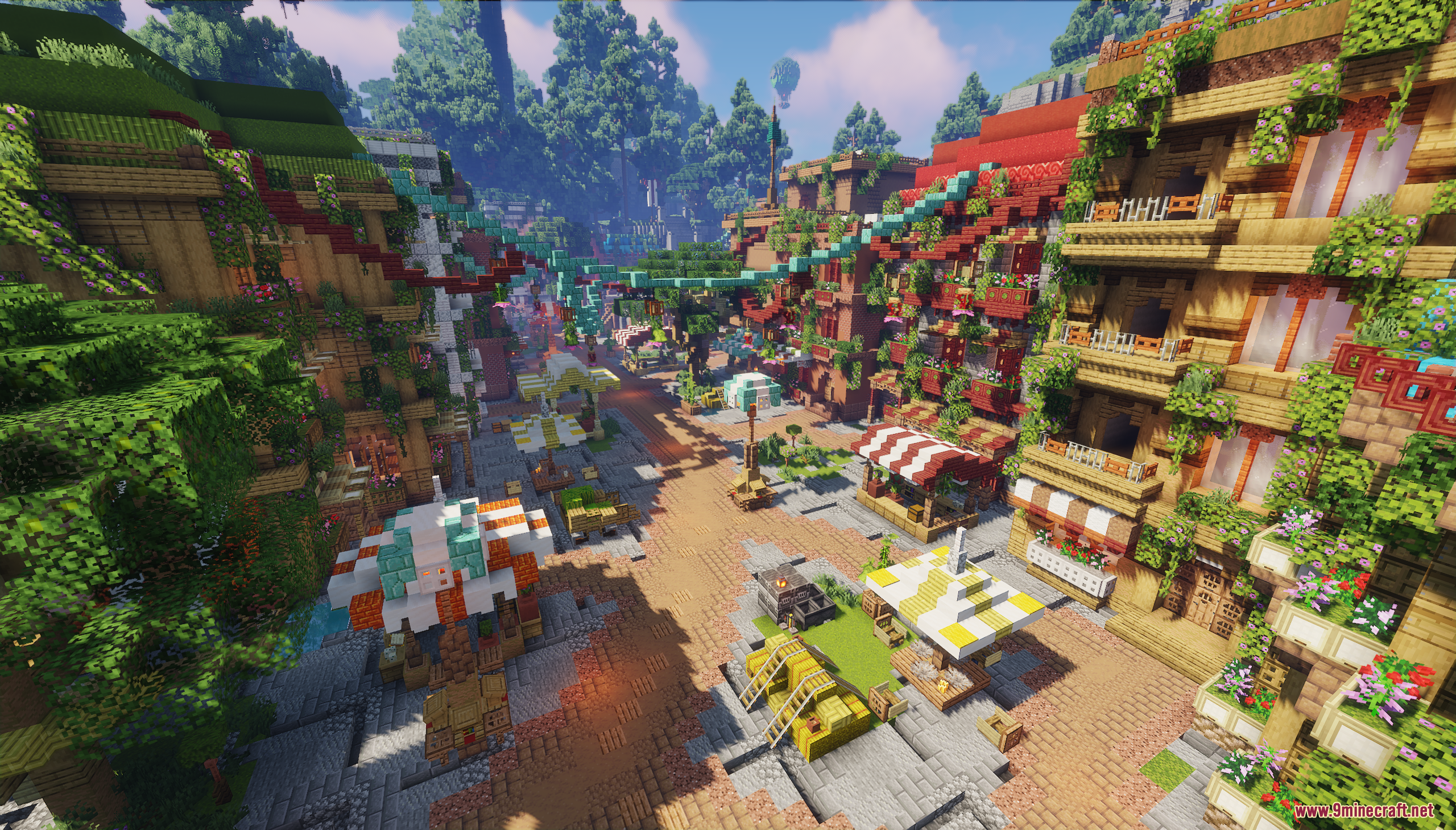 A detailed minecraft street view with market stalls and buildings covered in vines