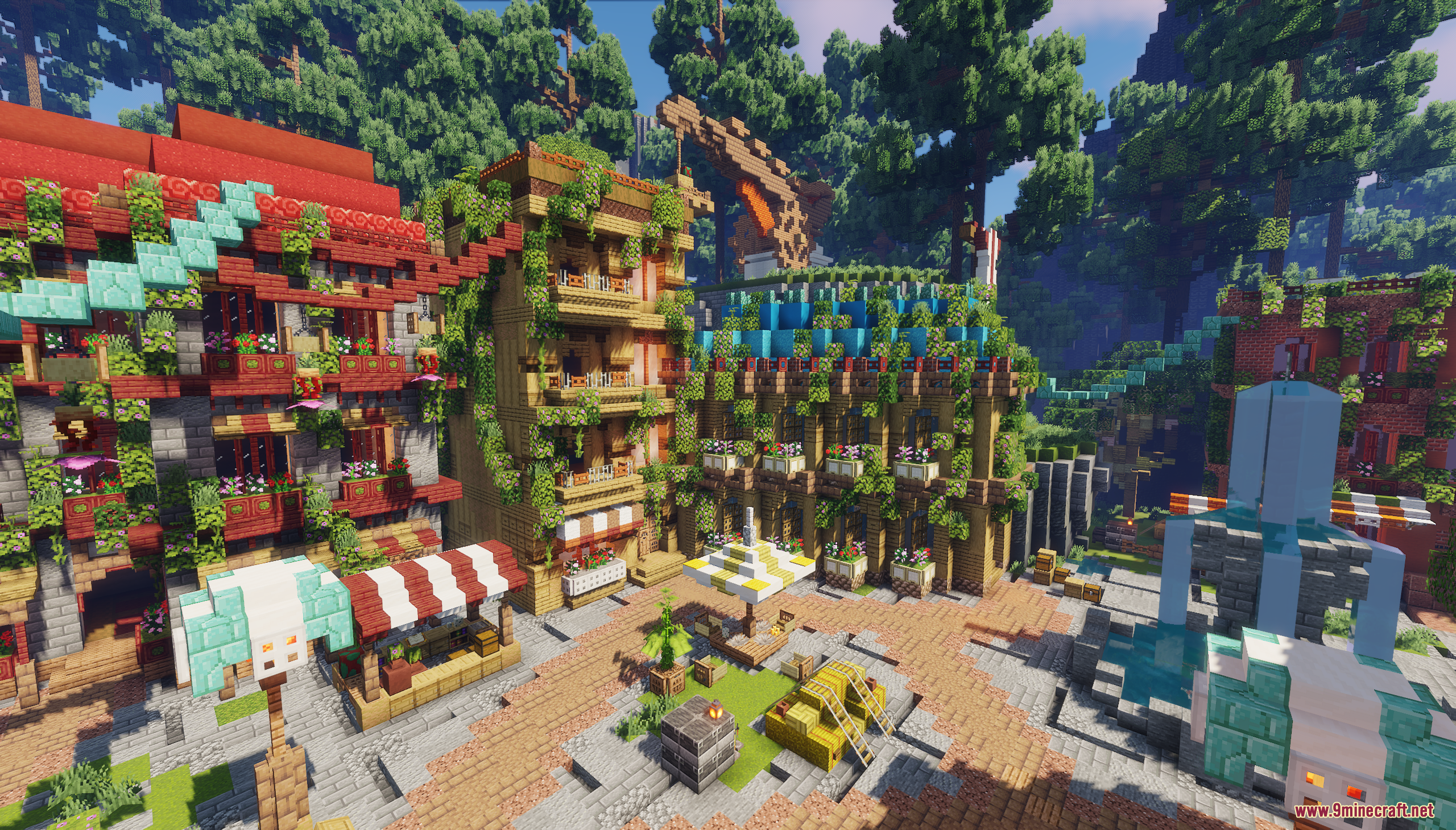 Minecraft town square with vine covered buildings and market stalls in a forest