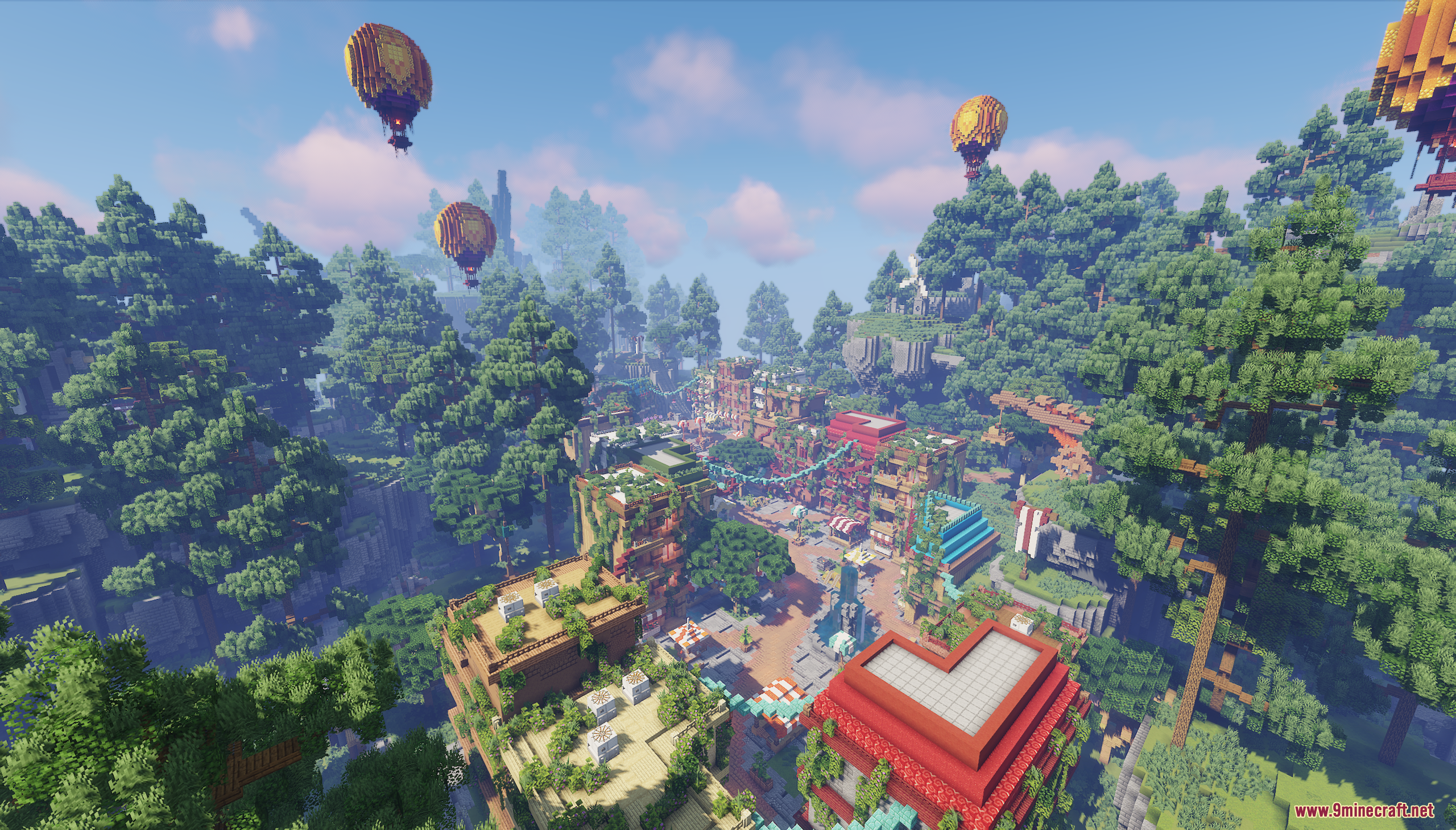 Aerial view of skyroot spawn map with hot air balloons over a forest town