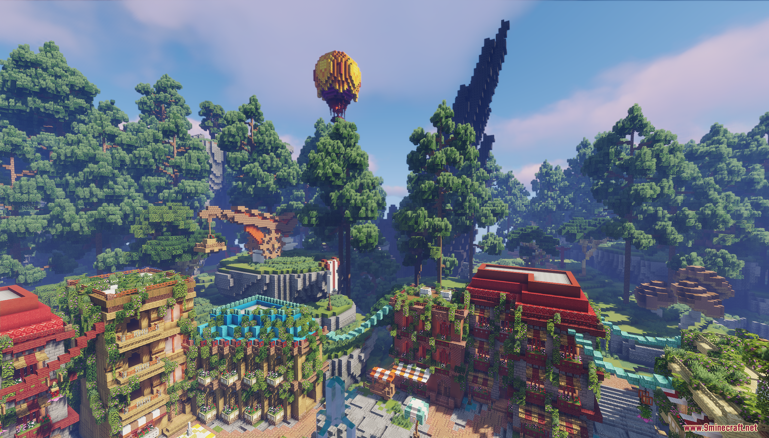 Detailed minecraft town featuring red buildings and a floating hot air balloon