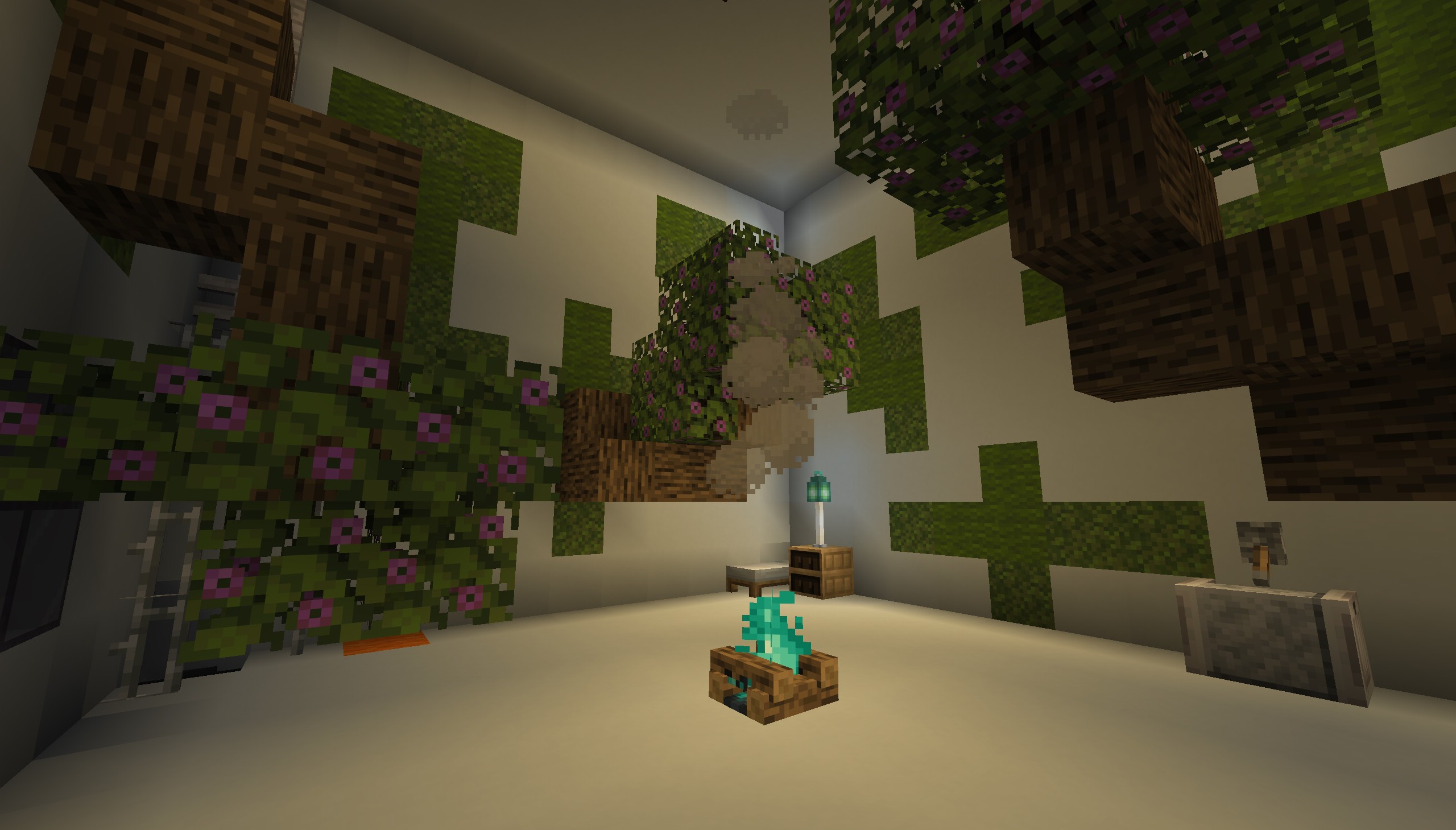 Solitary Map(26.2, 1.20.1) – Survive The Shifting Puzzles Of A White Room 5 Overgrown room featuring azalea leaves and a glowing blue soul campfire