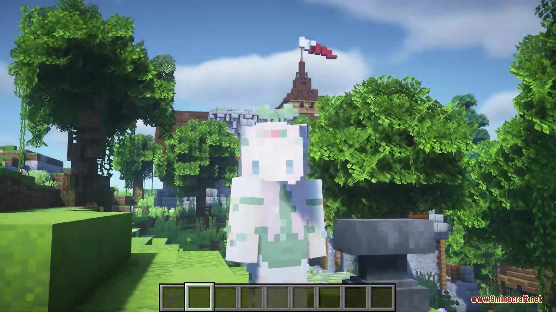 Sprout Hat Resource Pack (1.21.11, 1.20.1) – Wear A Cute Tiny Green Plant 3 Player wearing a green sprout hat standing in a sunny minecraft world
