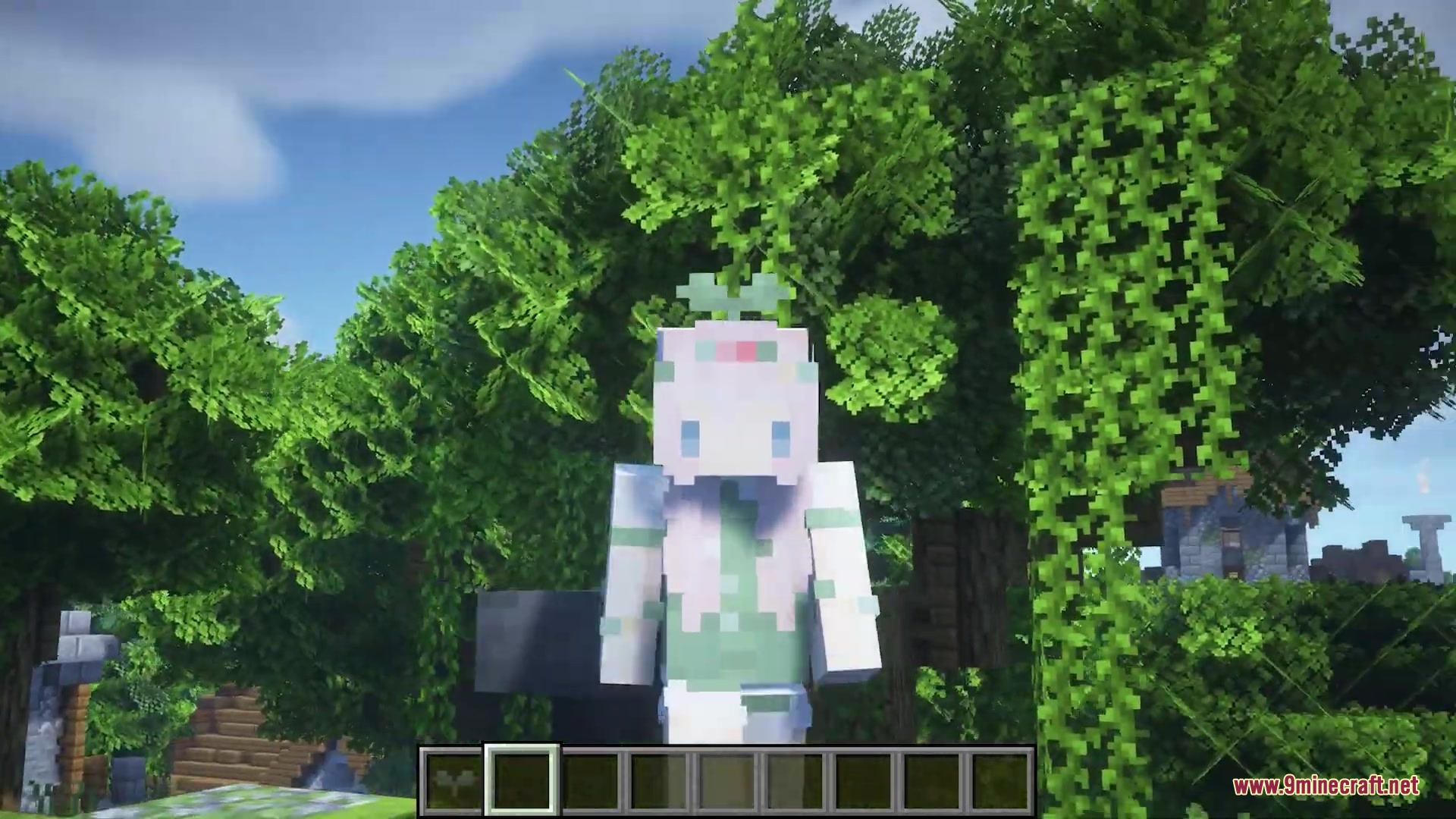 Sprout Hat Resource Pack (1.21.11, 1.20.1) – Wear A Cute Tiny Green Plant 5 Player character standing in a lush forest with a tiny sprout hat