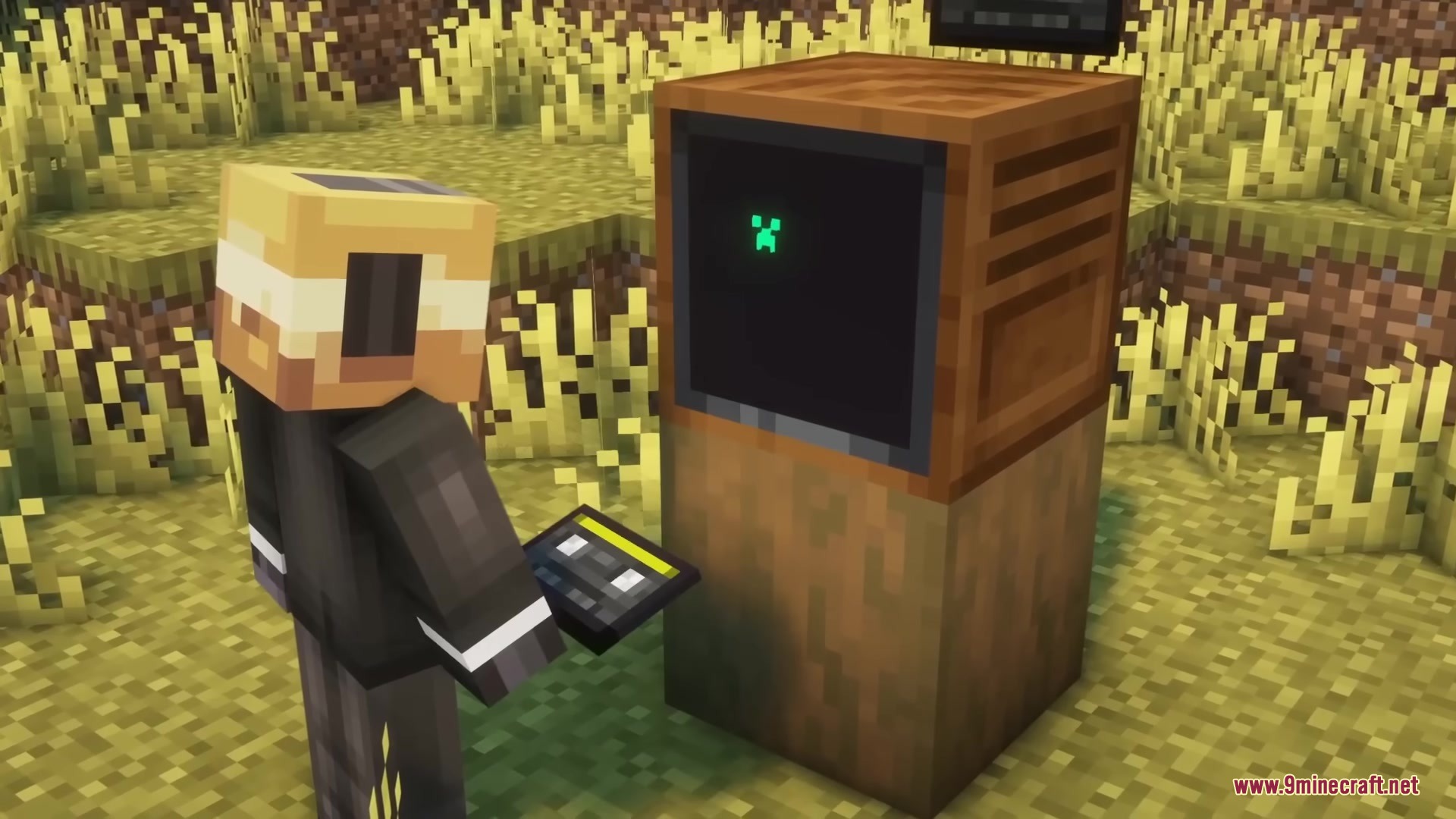 A player uses a tablet to interact with a strange matter research machine