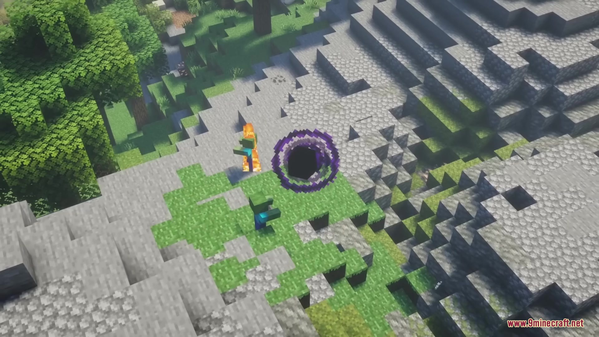 Two zombies stand near a swirling purple spatial rift on a rocky hill