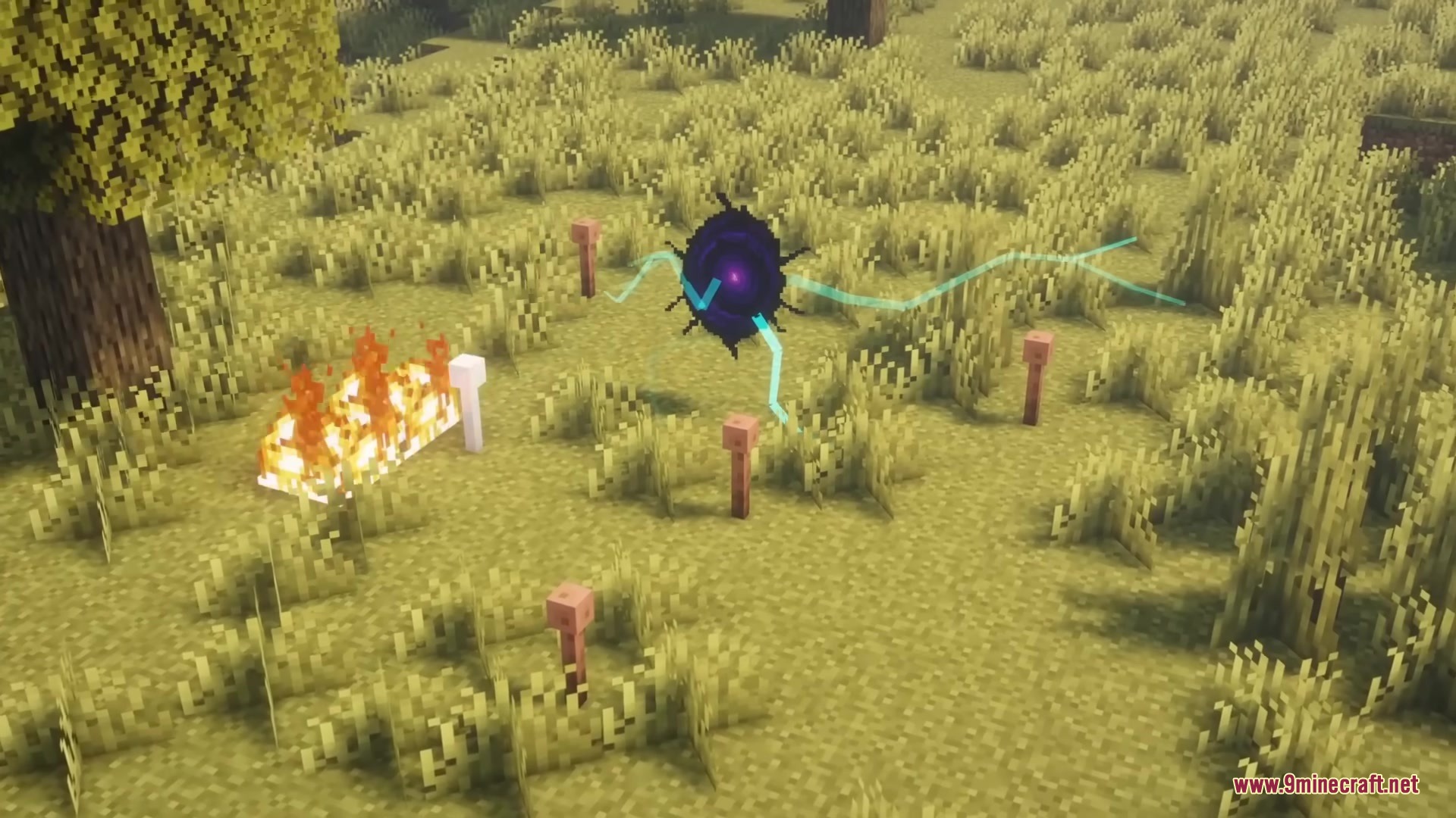 A mysterious dark anomaly emitting blue energy towards copper rods in a field