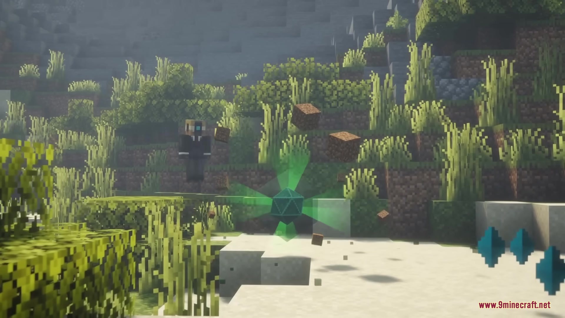Green gravity field anomaly causing nearby dirt blocks to float in the air