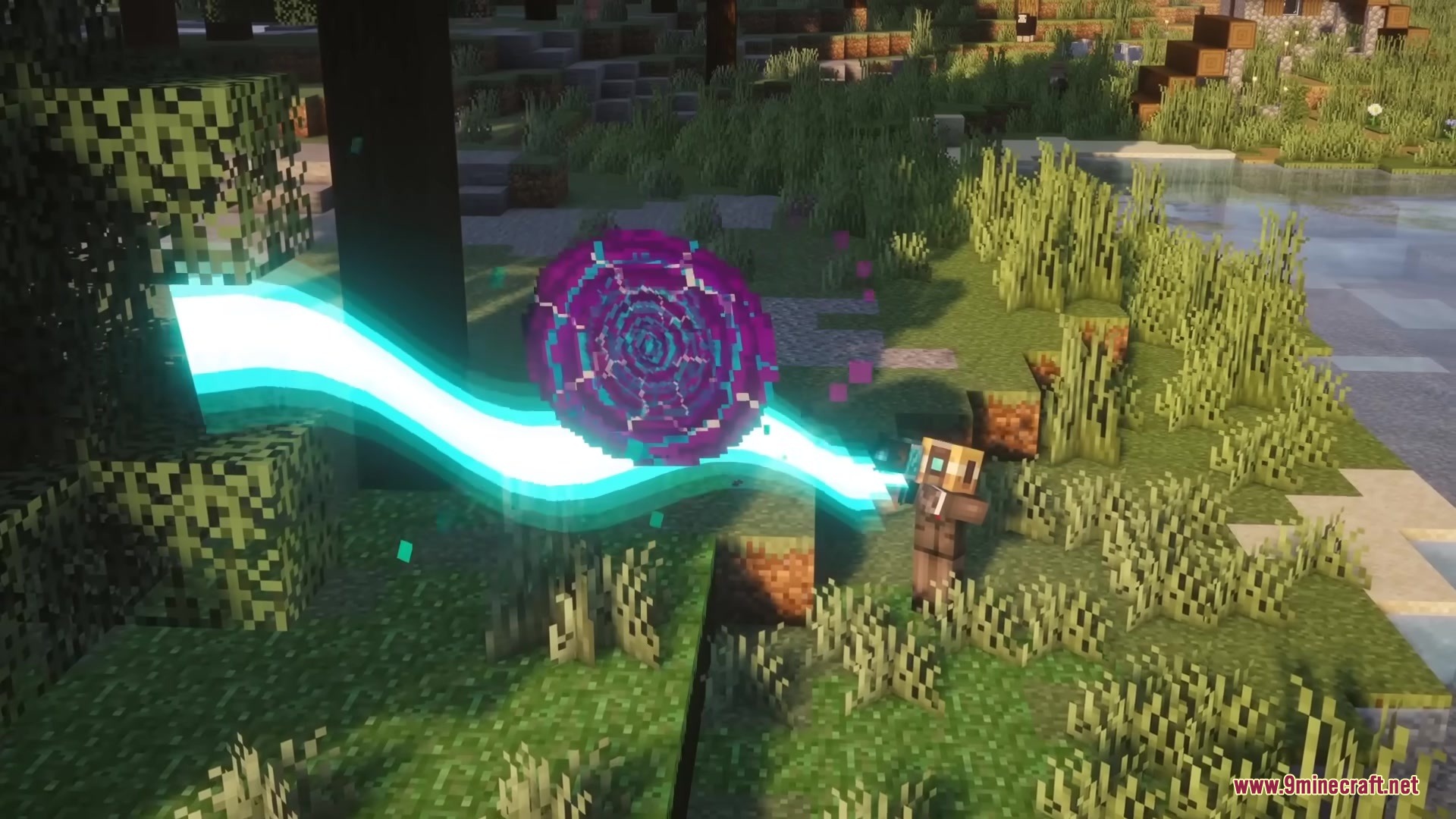 A player interacts with a strange purple anomaly using a blue energy beam