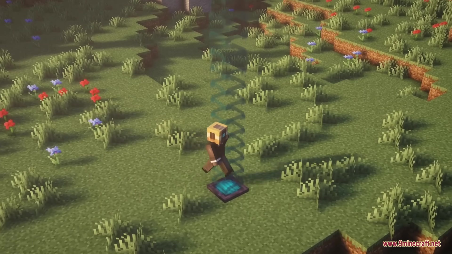 A player character levitating above a glowing blue pad in a grassy field