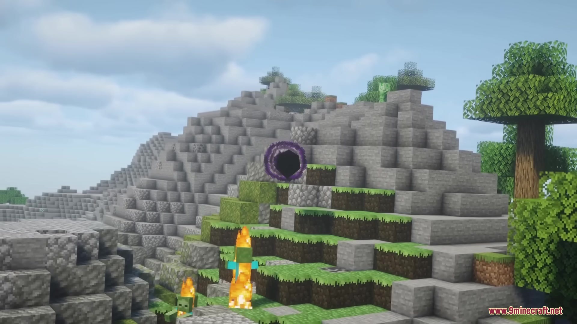 A purple spatial rift portal on a mountainside with burning zombies nearby