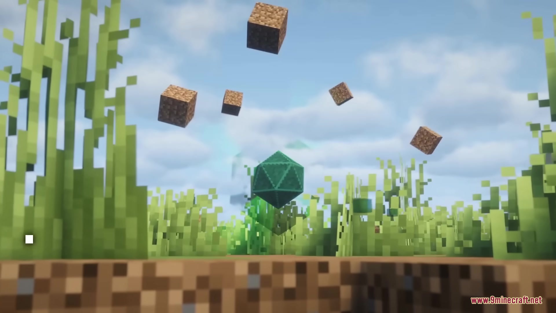 A green geometric anomaly floats in the air while lifting nearby dirt blocks