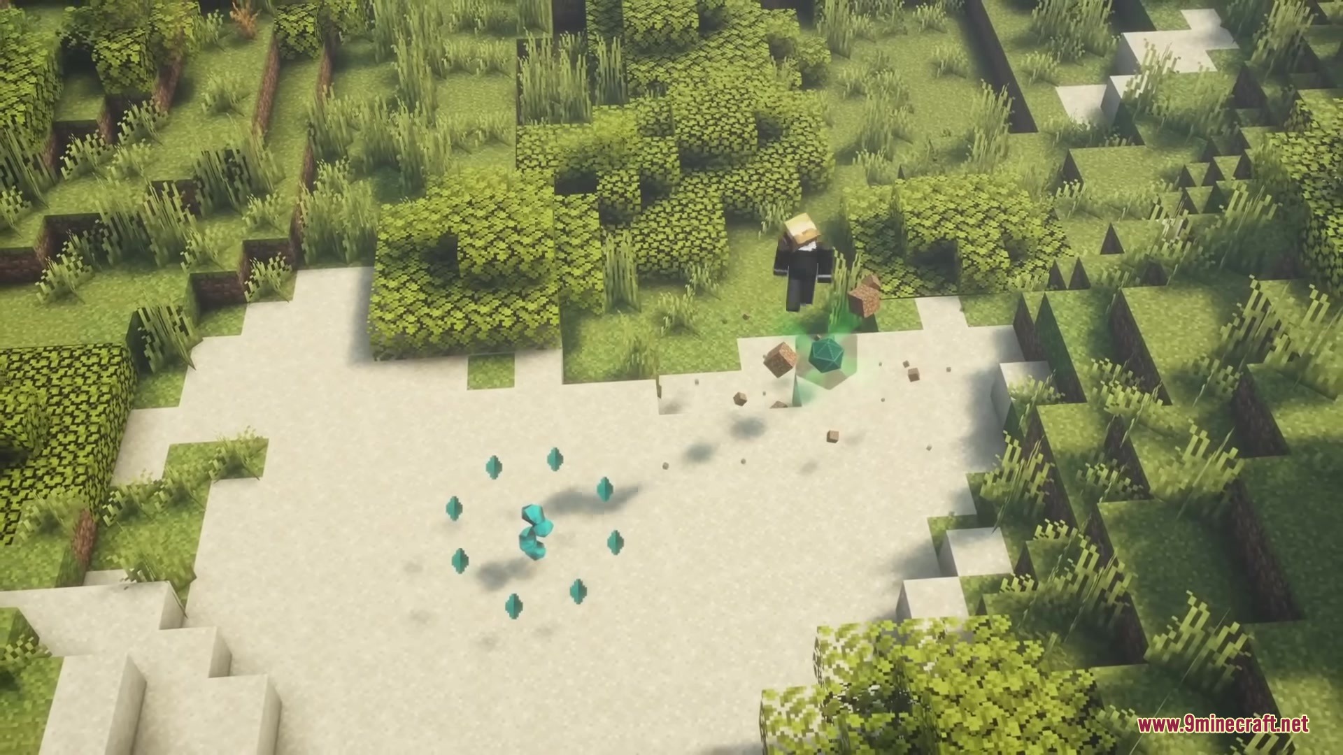 A player character interacting with floating blue anomaly shards in a forest
