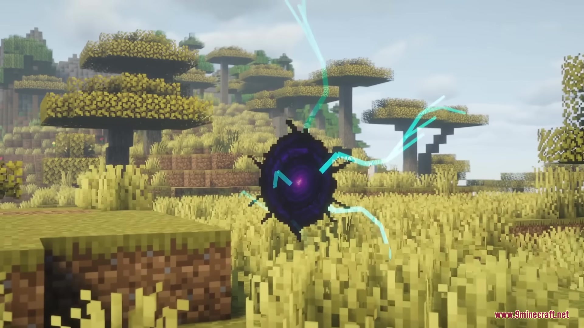 A dark spatial rift anomaly floating in a savanna with energy arcs