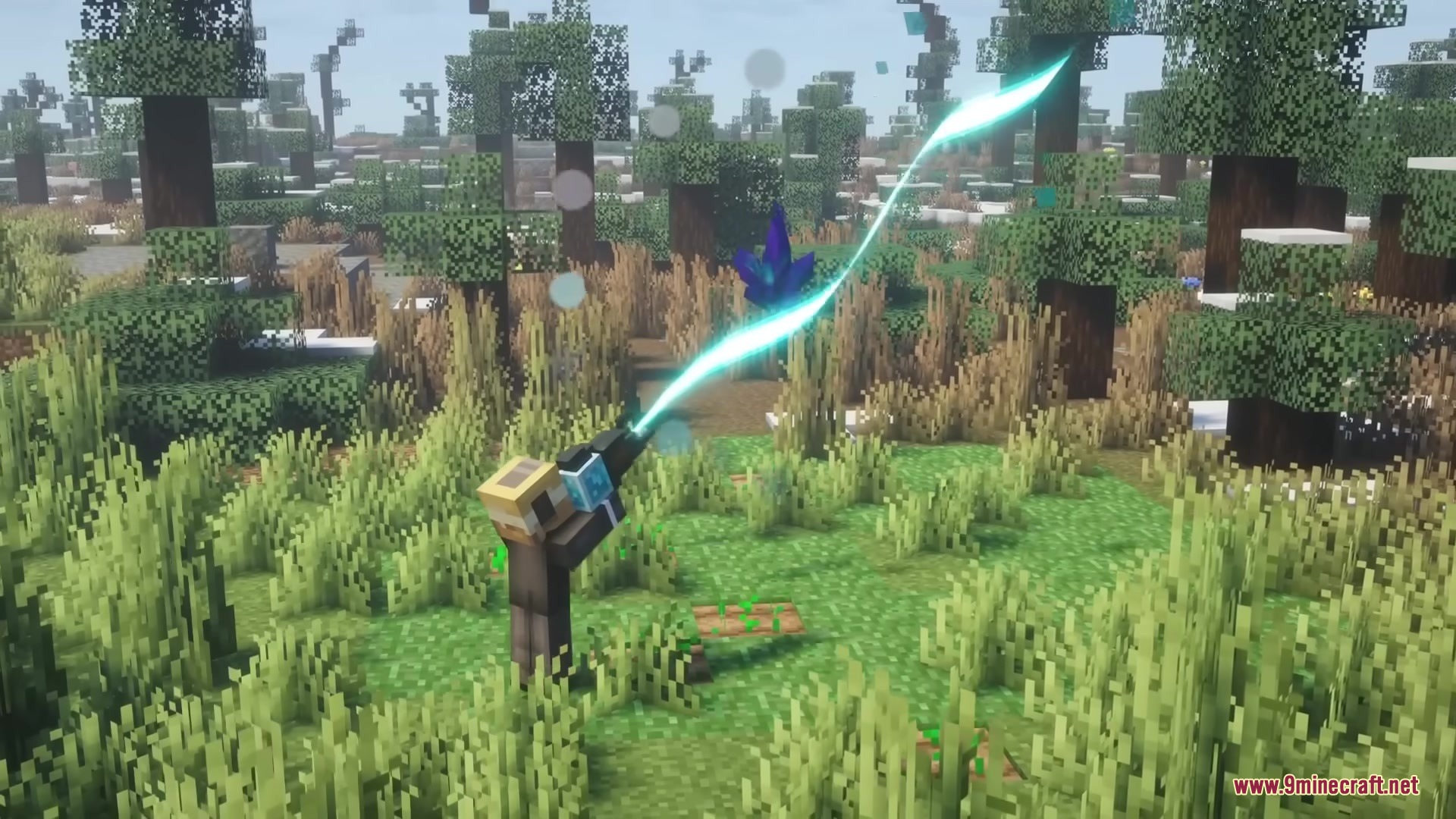 A player capturing a floating purple anomaly with a glowing cyan energy beam