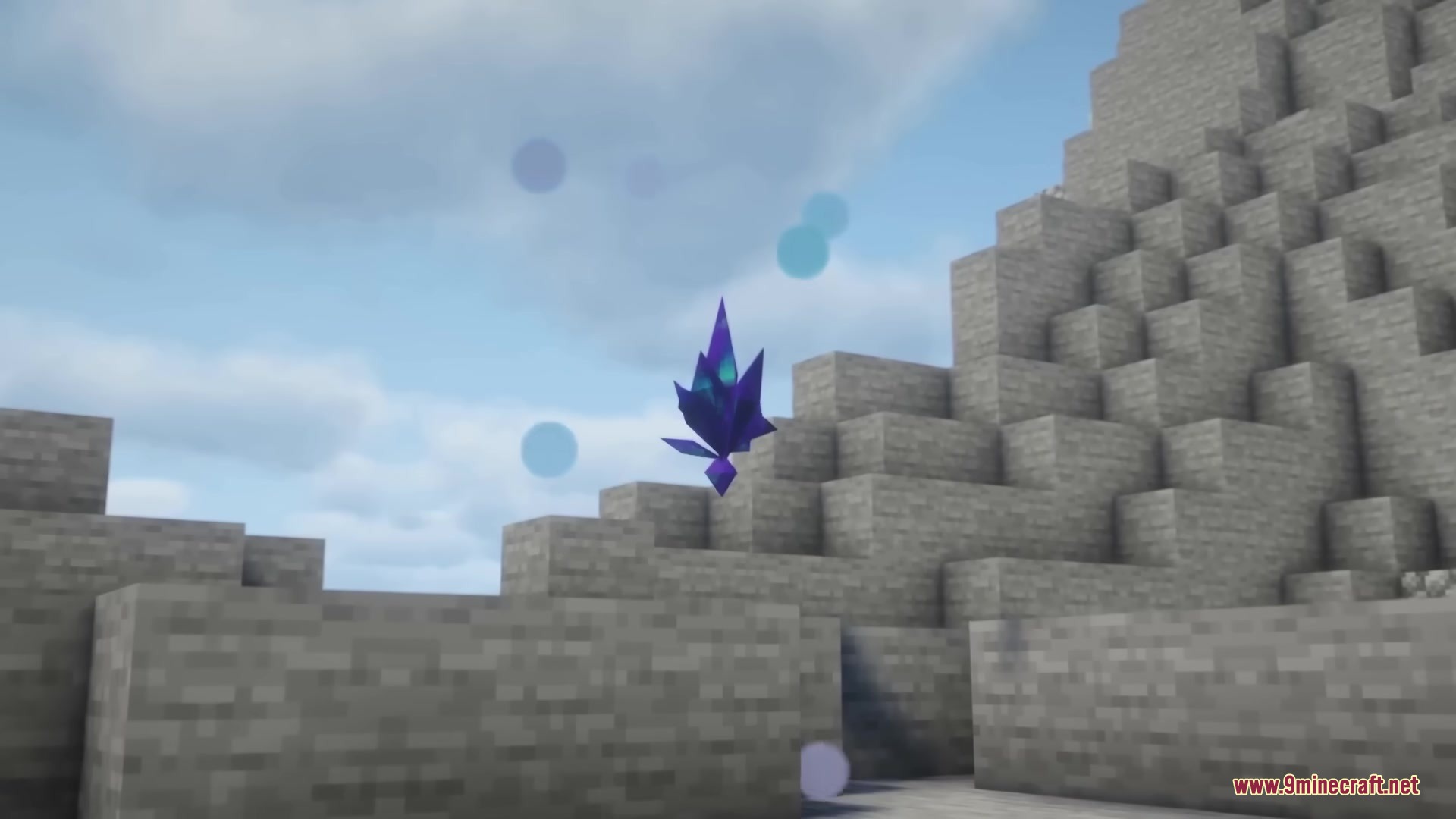 A floating purple anomaly crystal surrounded by glowing particles in a stone biome
