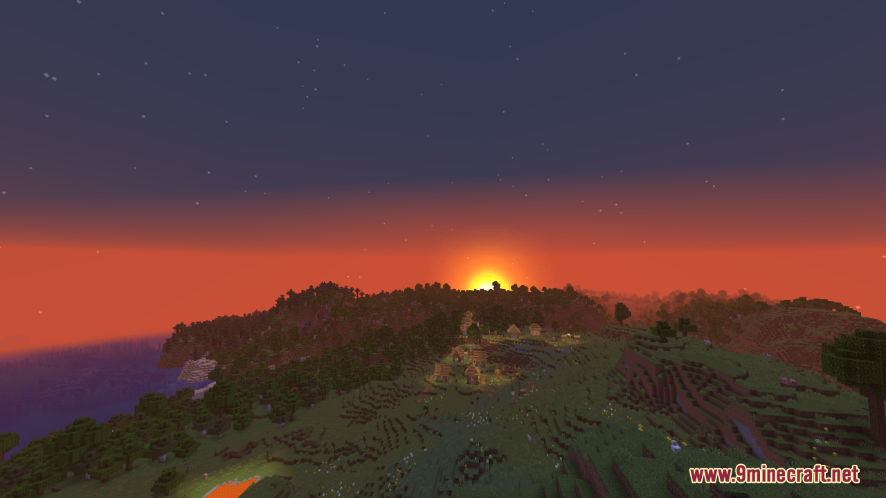 A vibrant sunset over a minecraft village and dense forest landscape