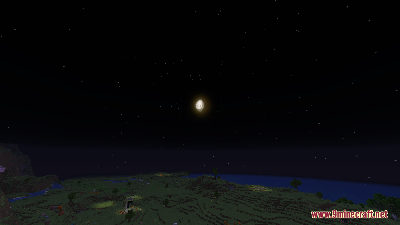 A glowing moon and stars illuminate the dark night sky in minecraft
