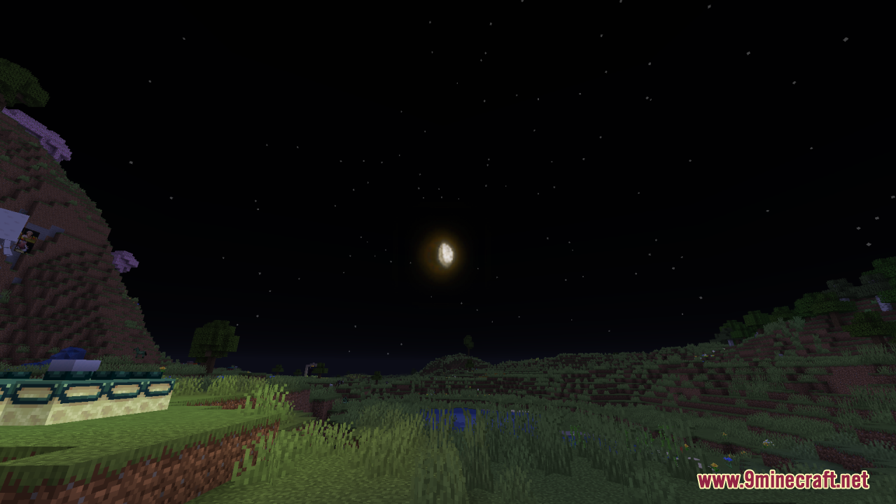 The night sky displays a realistic moon phase over a quiet grassy field