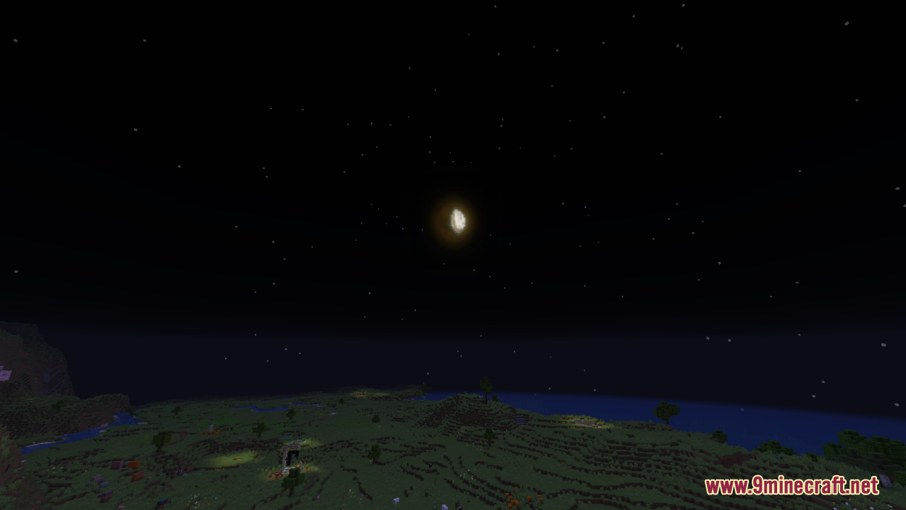 Detailed glowing moon shines brightly in the starry night sky over hills