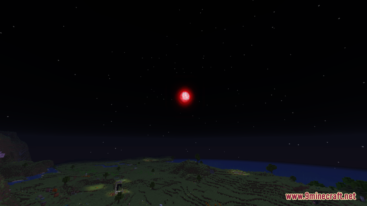 A large red moon glows intensely in the dark night sky of minecraft