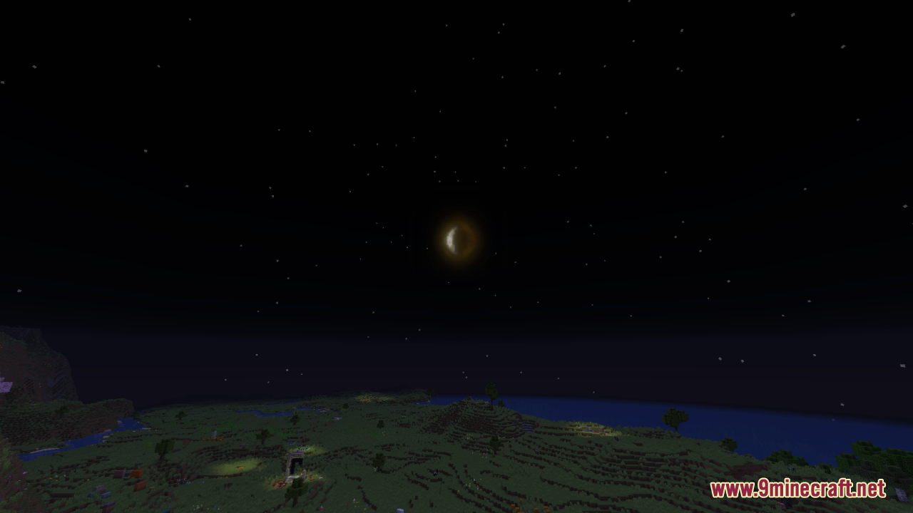 The night sky features a detailed crescent moon phase over a grassy biome