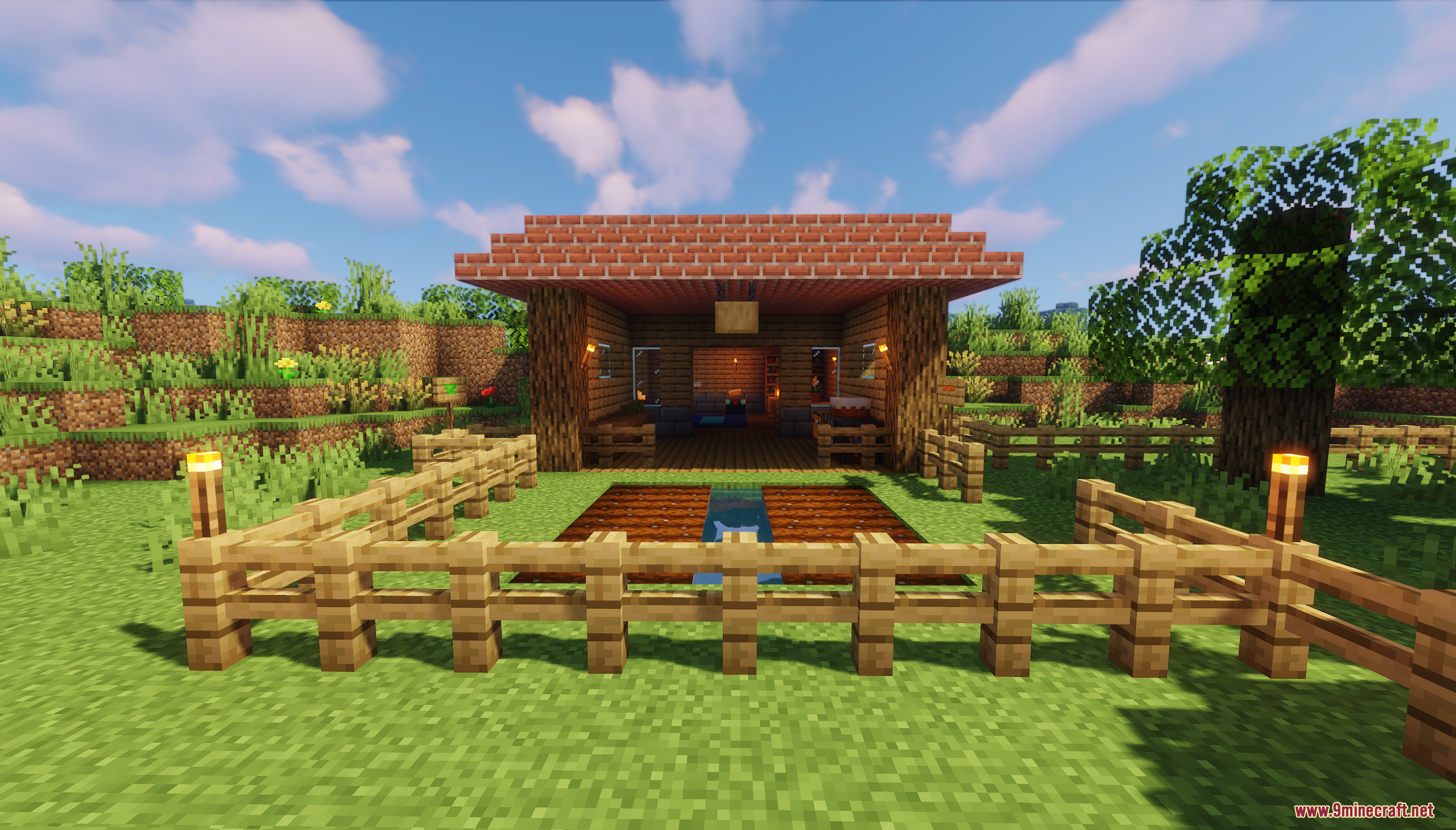 Survival Challenge Village Map (26.2, 1.20.1) – Survive The Countdown To Defend The Village 10 Small wooden house with a brick roof and a fenced crop farm