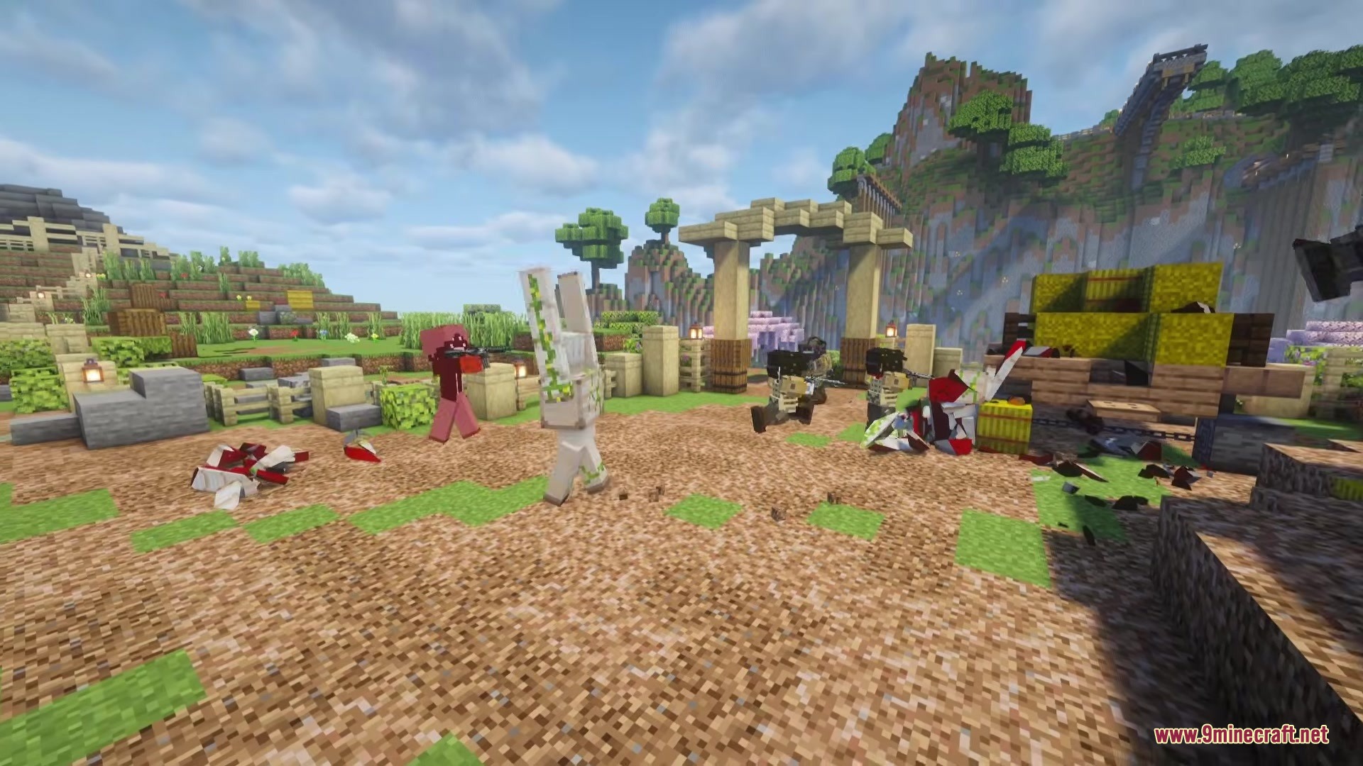 Tacz More Level Mod (1.20.1) – Fight Armed Enemies With Tiered Tactical Gear 4 Armed npcs and an iron golem engage in combat within a minecraft village