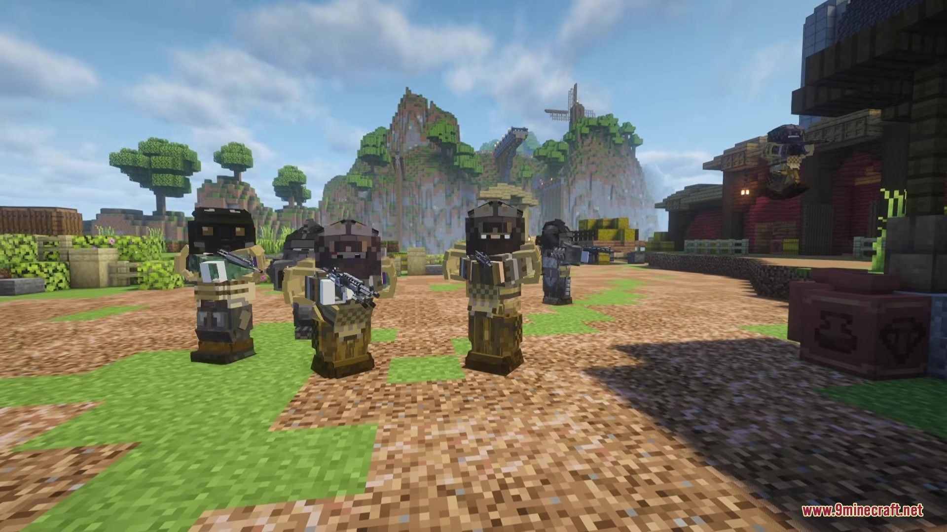 Tacz More Level Mod (1.20.1) – Fight Armed Enemies With Tiered Tactical Gear 5 Four armed npcs in tactical armor stand together in a scenic minecraft landscape