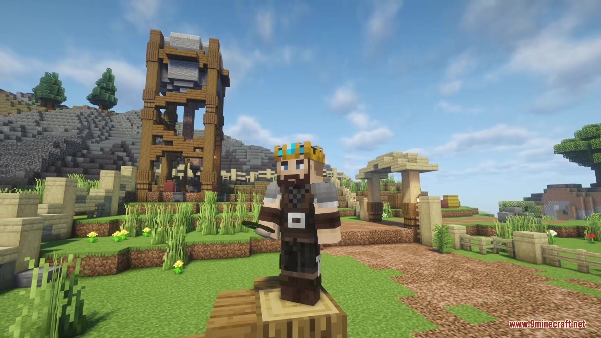 Tacz More Level Mod (1.20.1) – Fight Armed Enemies With Tiered Tactical Gear 6 A minecraft character wearing a crown stands in front of a wooden watchtower
