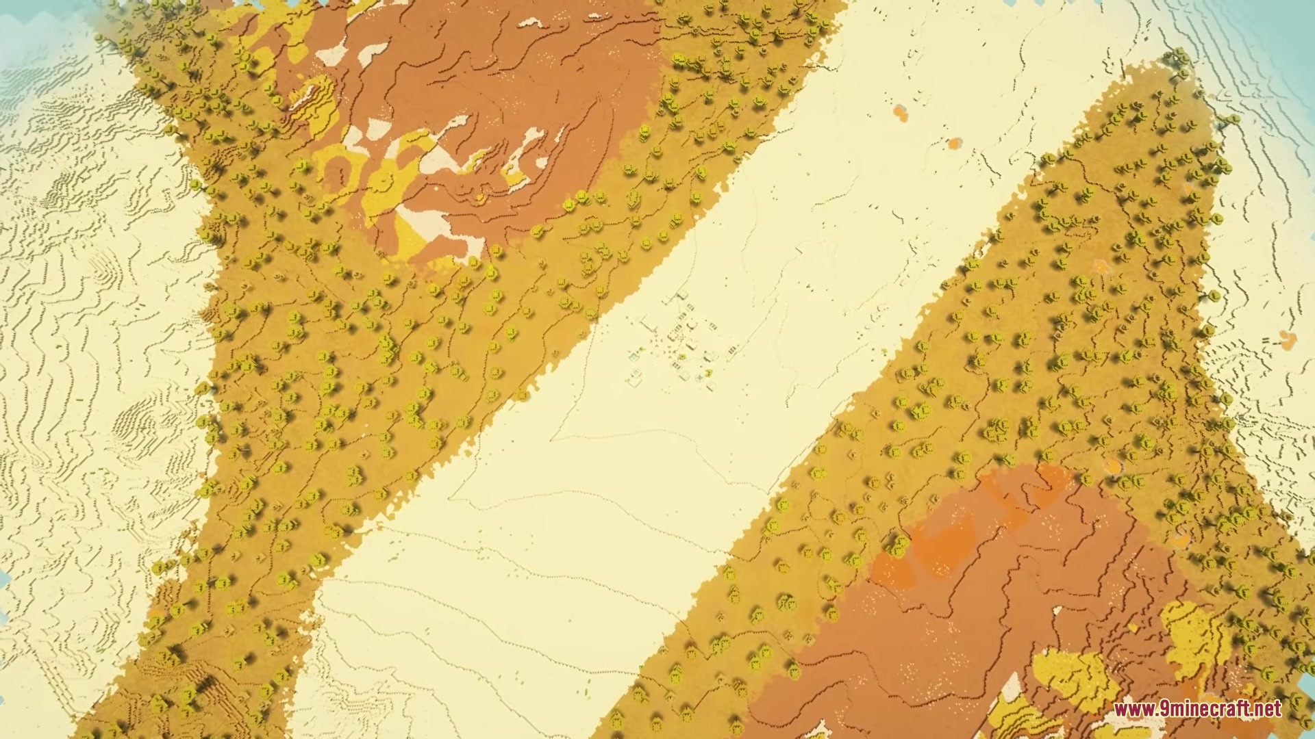 Terrarium By Lynxs Mod (1.21.11, 1.20.1) – Survive On An Accurate Replica 4 Aerial view of a desert biome featuring diagonal stripes of mesa terrain