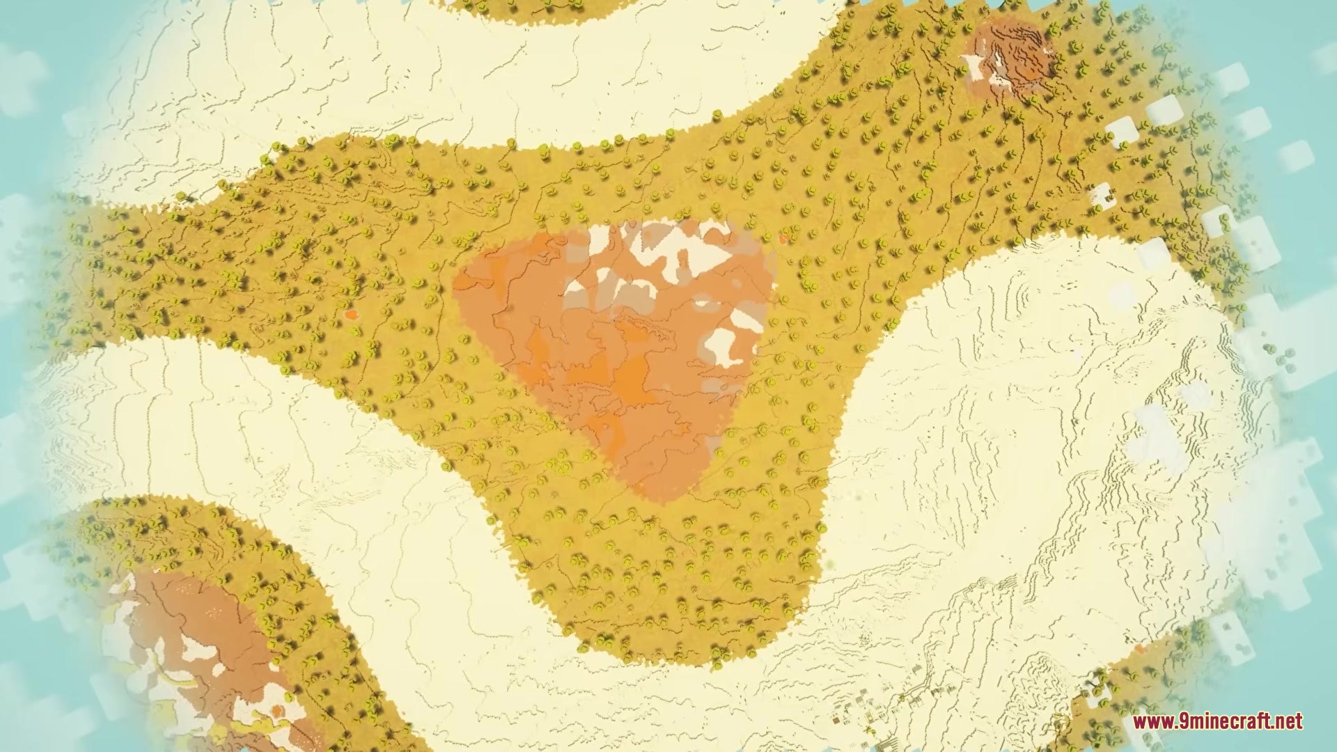 Terrarium By Lynxs Mod (1.21.11, 1.20.1) – Survive On An Accurate Replica 5 A winding desert landscape with mesa patches and scattered trees from above