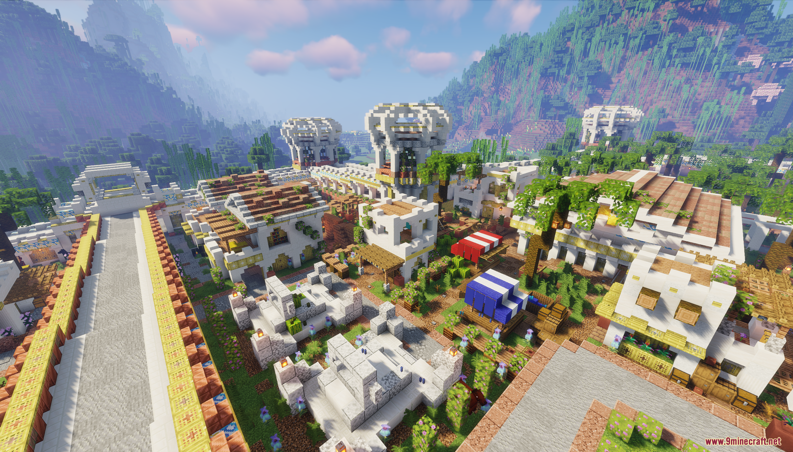 The Ancient City Map (26.2, 1.20.1) – Rule A Massive Classical City With Hidden Portals 11 White stone buildings and market stalls in minecraft under a bright sky