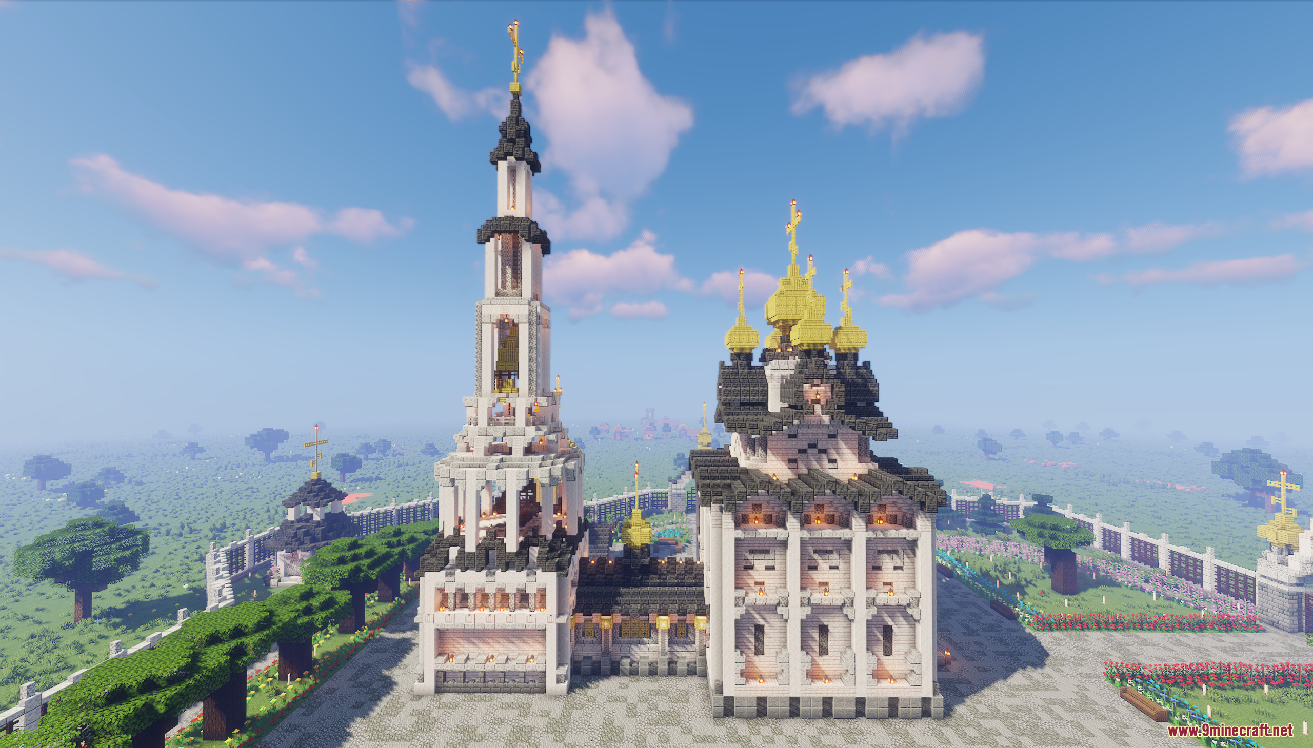 The Cerkov Map (26.2, 1.20.1) – Slavic Orthodox Church 3 A tall white bell tower standing next to a golden domed church