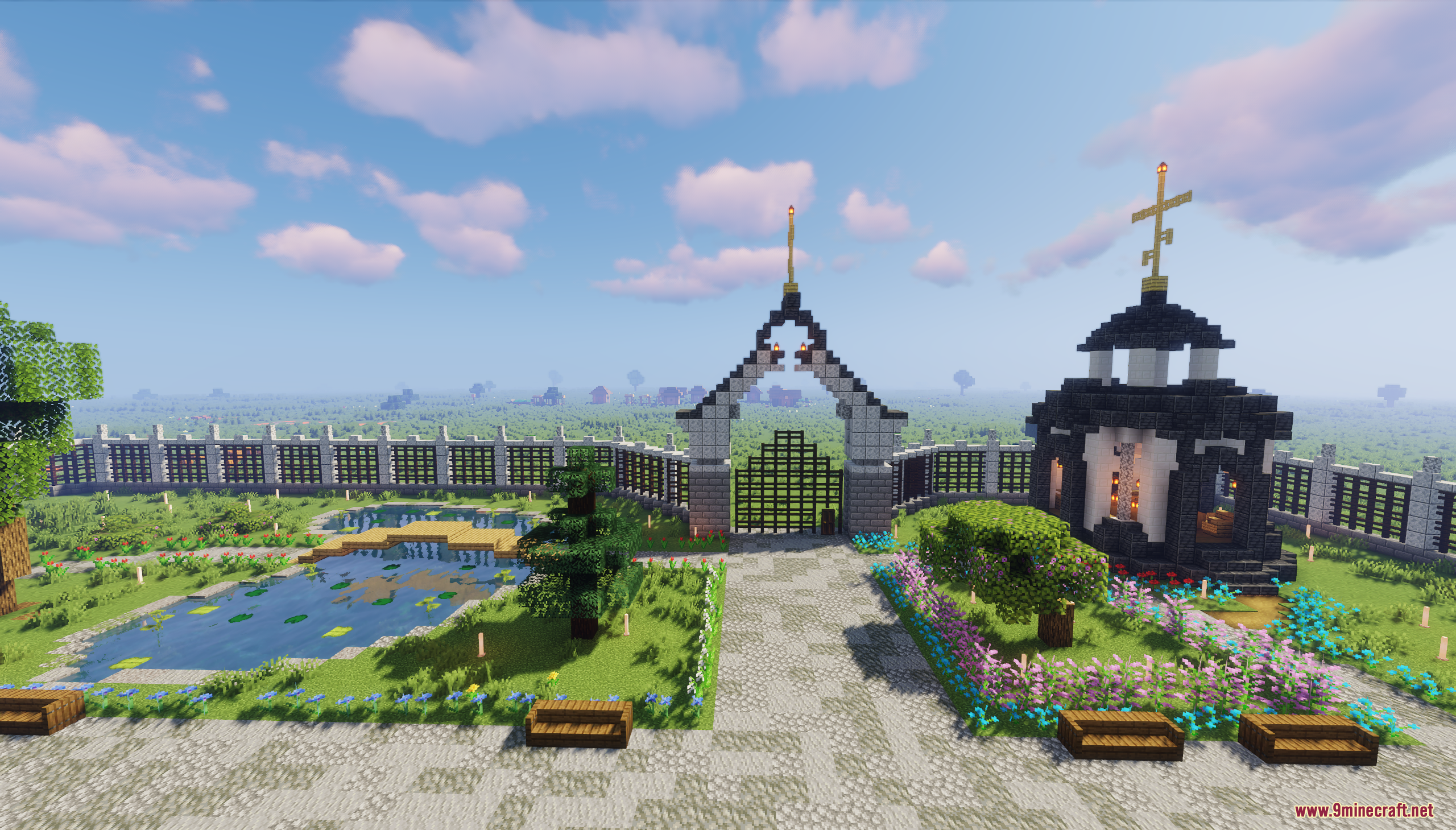 The Cerkov Map (26.2, 1.20.1) – Slavic Orthodox Church 4 A gated entrance leads to a peaceful garden with a pond and chapel
