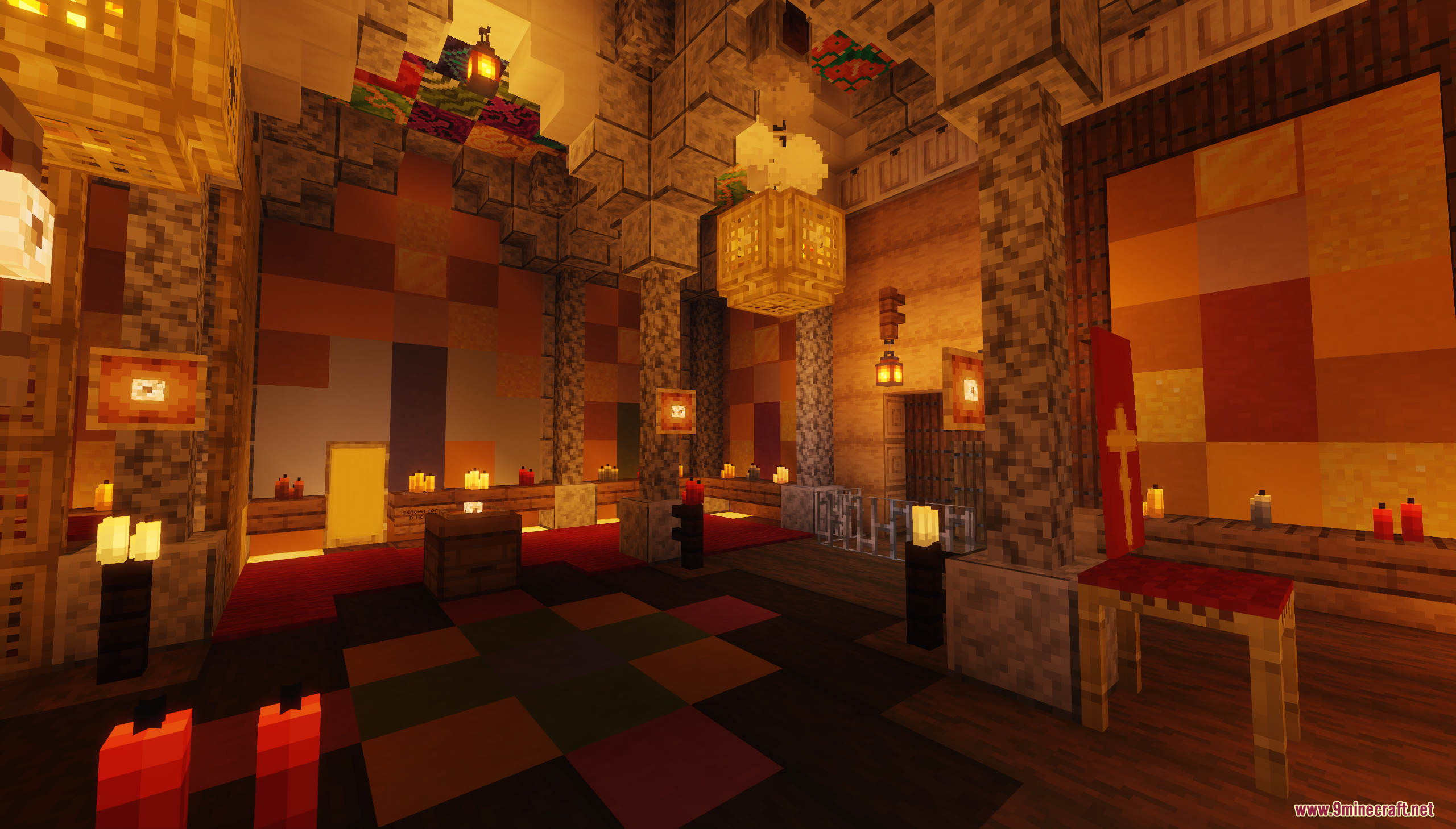 The Cerkov Map (26.2, 1.20.1) – Slavic Orthodox Church 9 Interior of a grand church with stone pillars and red banners