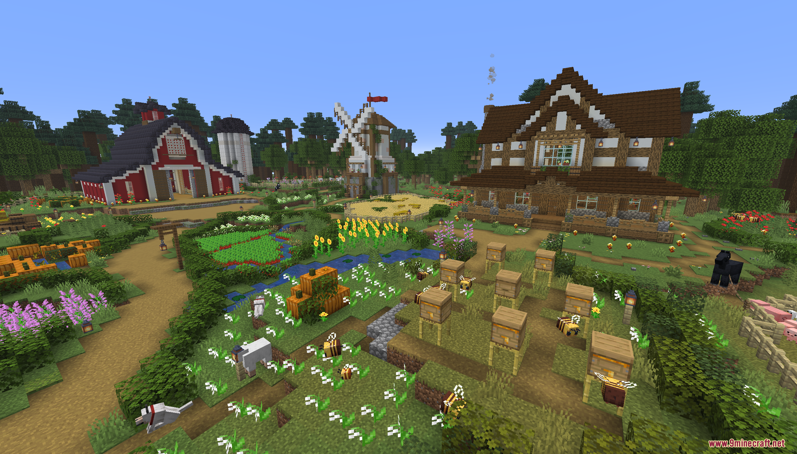Tiny Takeover Farmstead Map (26.2, 1.20.1) – Peaceful Farm Life 2 A large farmstead featuring a red barn windmill and colorful flower gardens