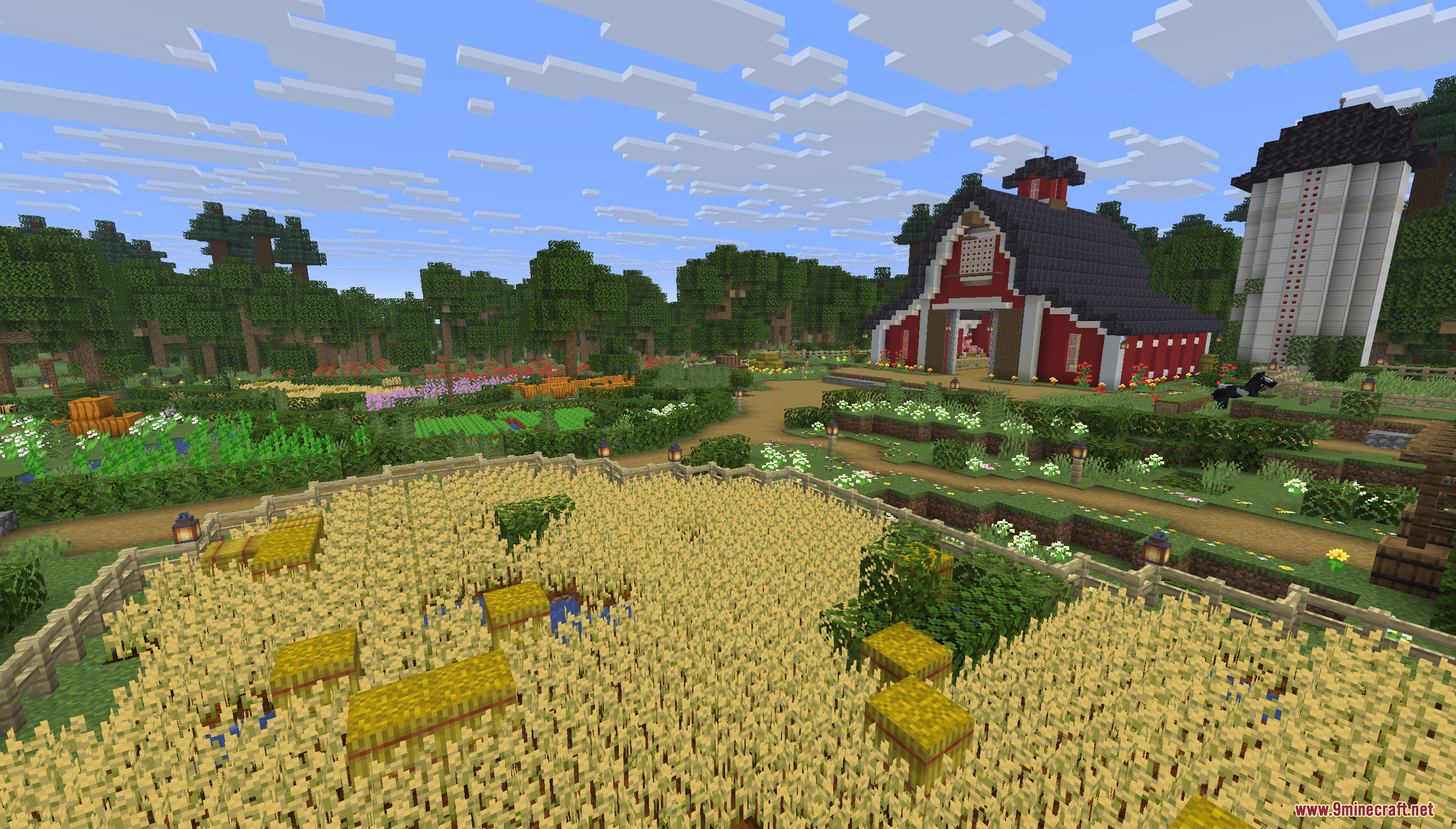 Tiny Takeover Farmstead Map (26.2, 1.20.1) – Peaceful Farm Life 11 A large red barn and white silo overlooking golden wheat fields