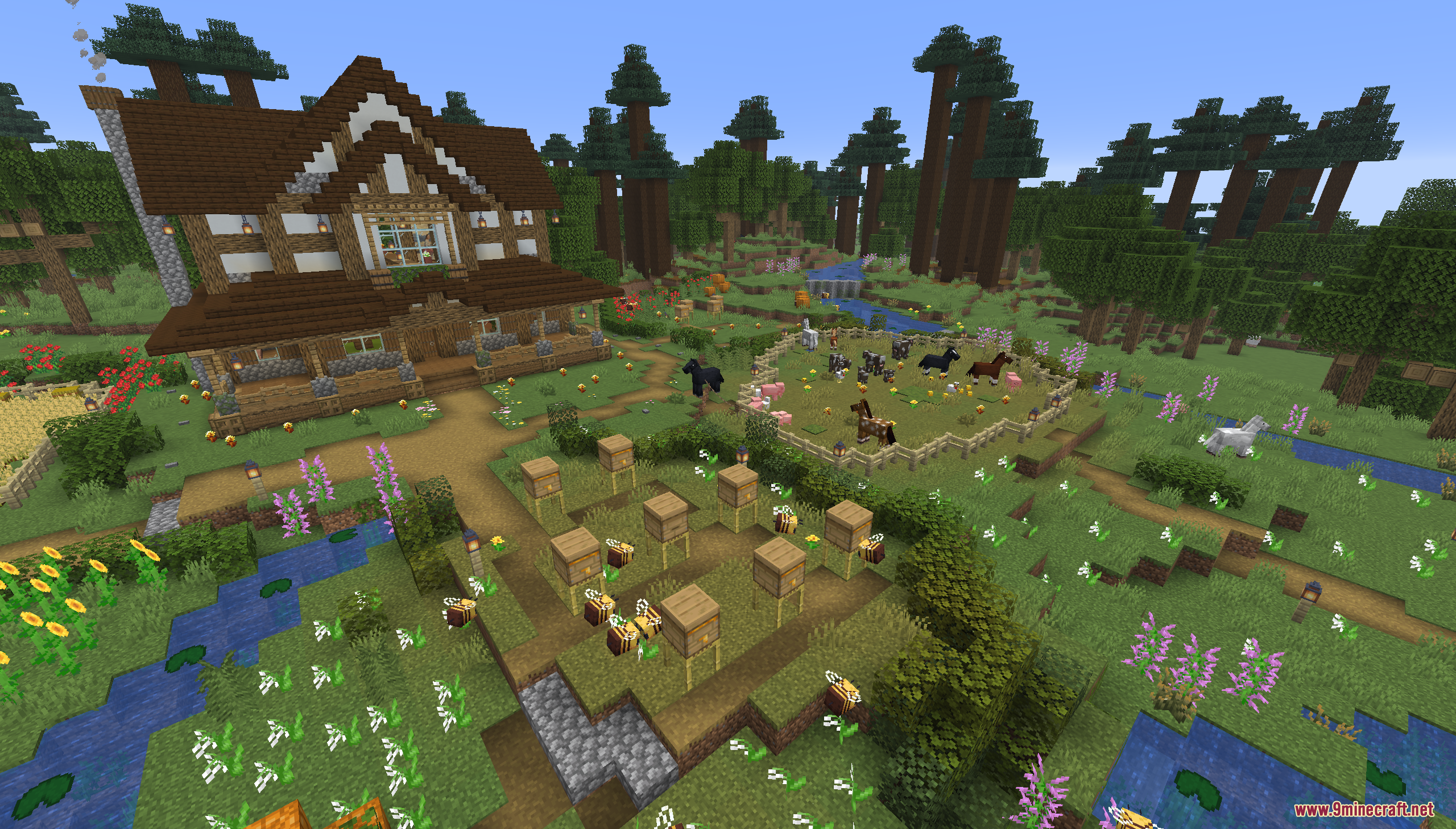 Tiny Takeover Farmstead Map (26.2, 1.20.1) – Peaceful Farm Life 3 Cozy farmhouse overlooking a fenced animal pen and several active bee hives